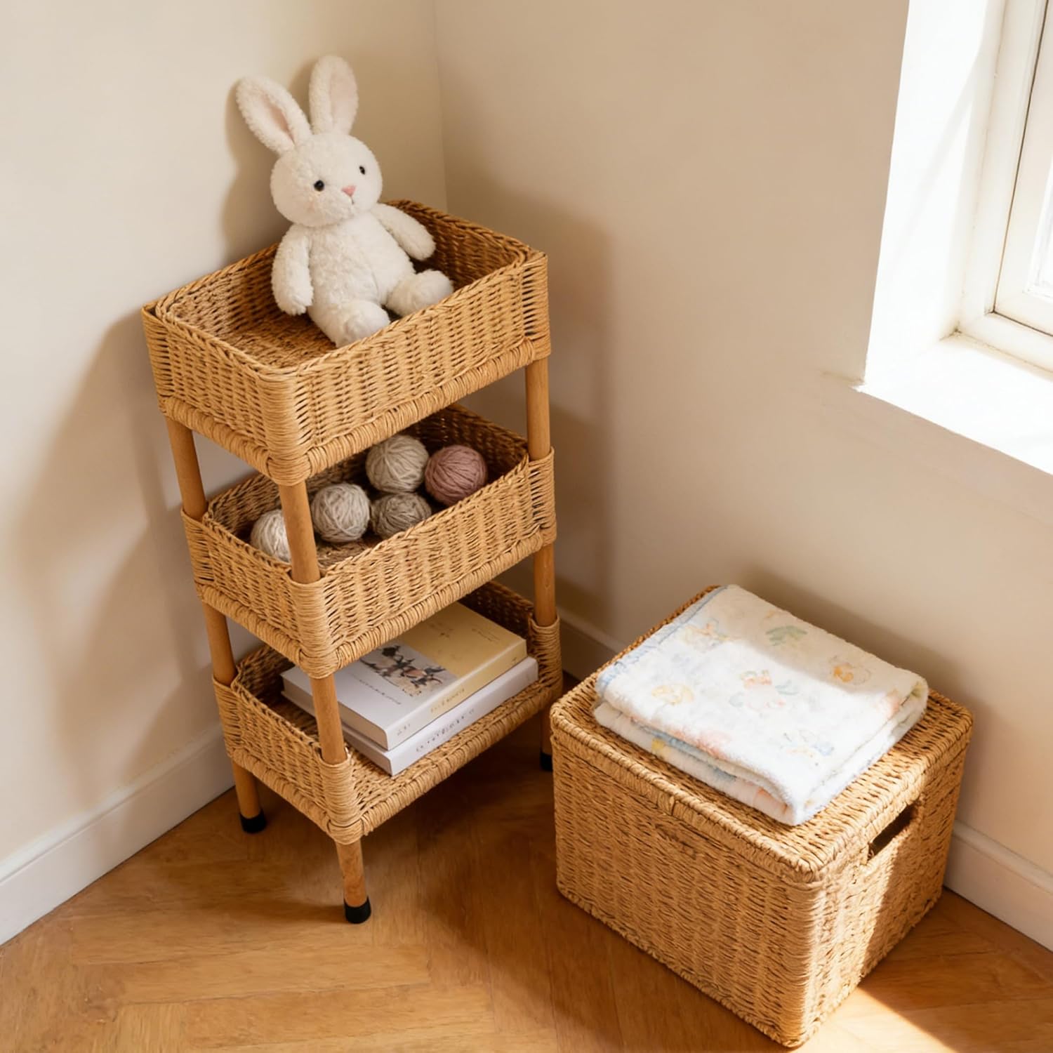 Boho Rattan 3 Tier Storage Shelf, Handwoven Wicker Basket Stand for Bathroom Counter, Kitchen Organizer, Small Space Storage Rack for Bedroom, Living Room Decor (Light Brown)