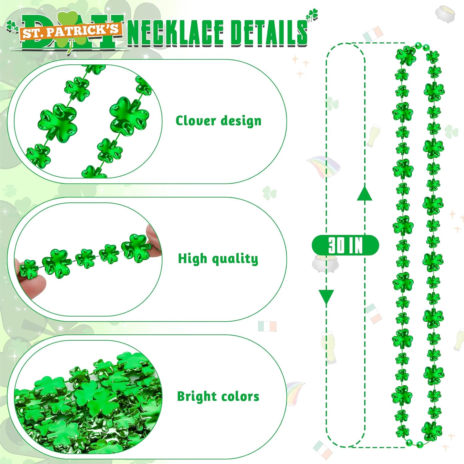 100PCS St. Patricks Day Necklace, Green Shamrock Beads St Patrick's Day Necklaces, Irish Saint Patricks Day Necklace Bulk, St. Patricks Day 4 Leaf Clover Decorations Throw for Parade Party Supplies