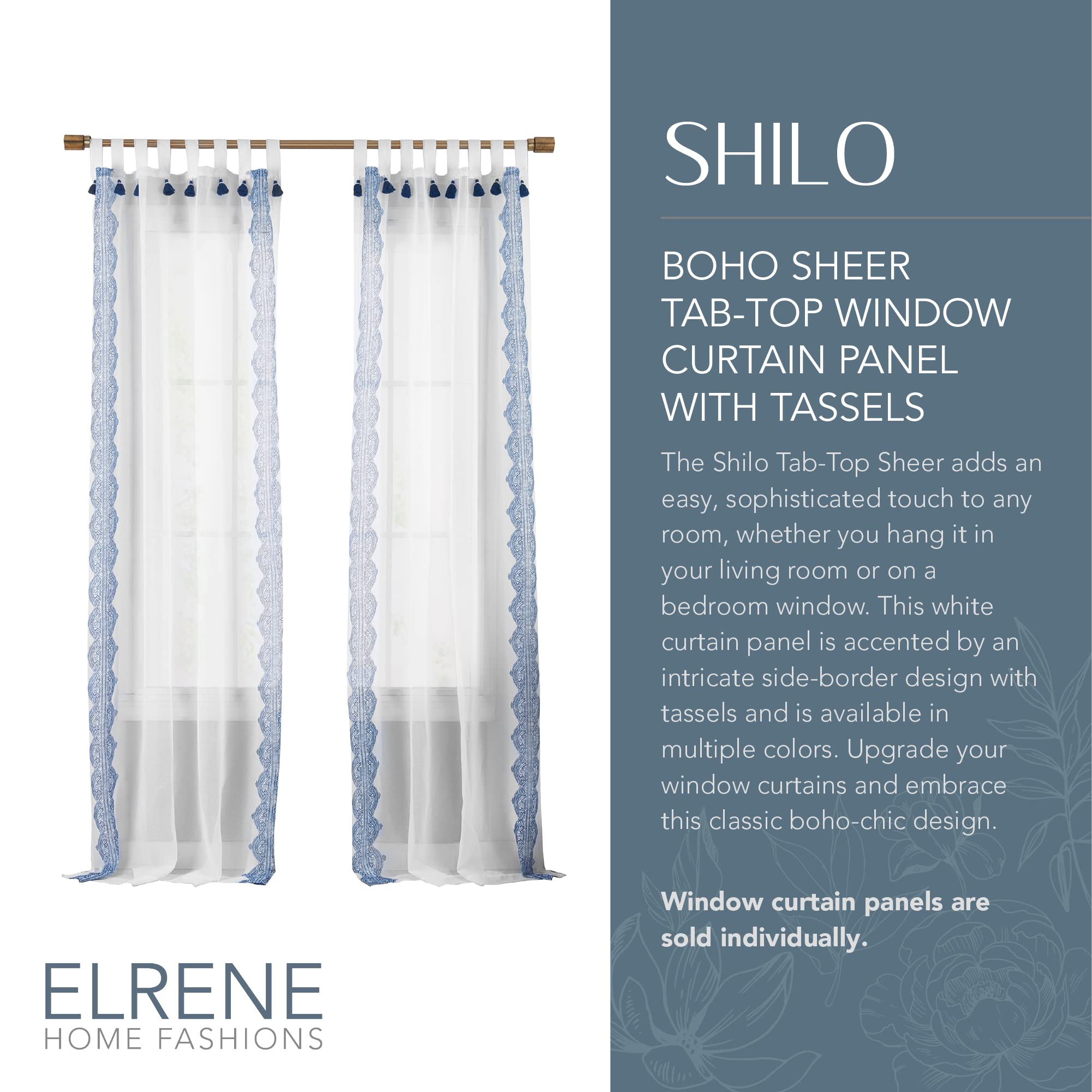 Elrene Home Fashions Shilo Boho Sheer Tab Top Window Curtain Panel with Tassels, 52"x84" (1, Indigo, W 52" x L 84" (1 Panels) - Image 2
