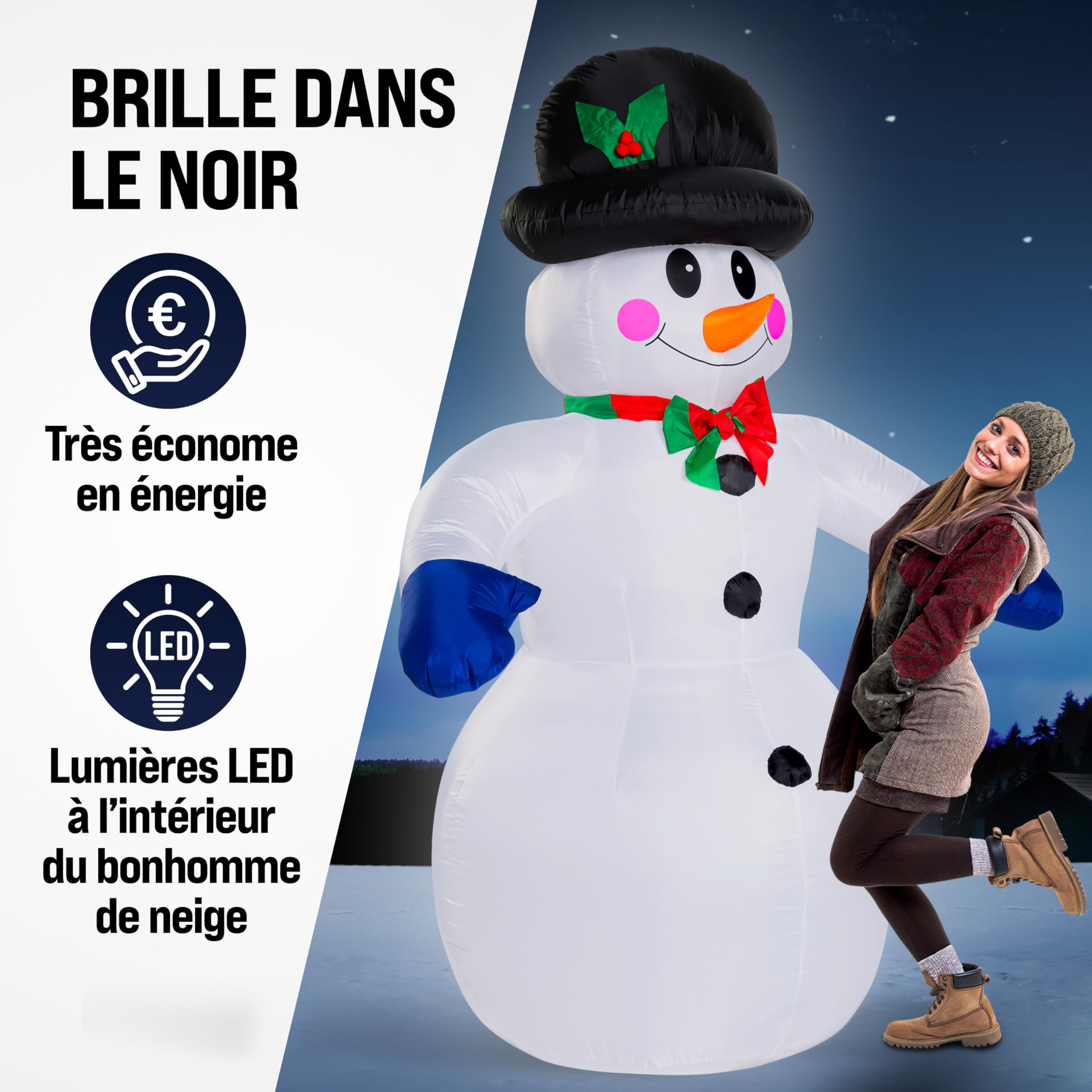 MONZANA® Bonhomme de neige gonflable 240 cm XXL décoration lumineuse Noël matériel fixation extérieur personnage figurine Noël fête autogonflant