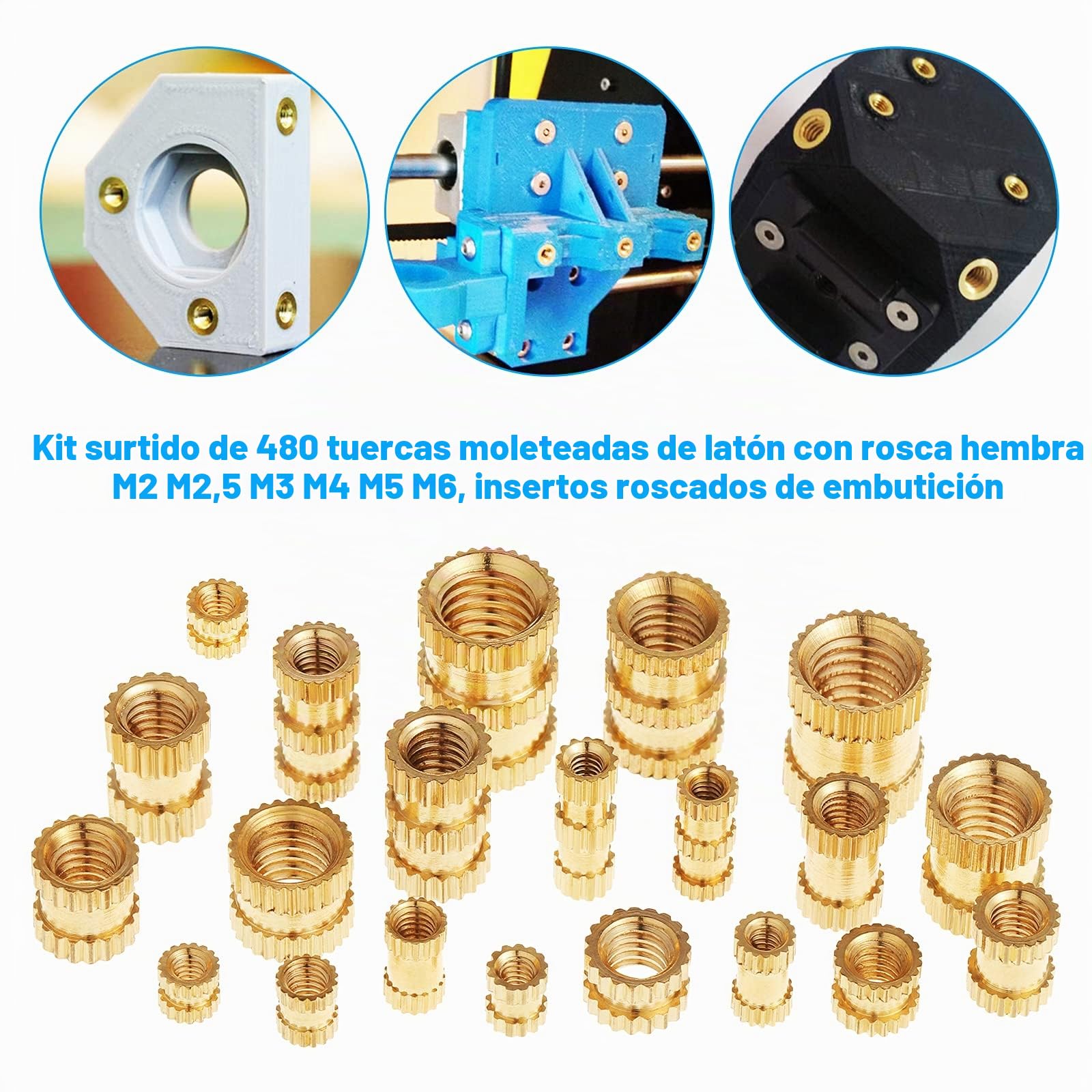 Gueenky 480 Piezas Tuercas Moleteadas de Latón, M2 M2,5 M3 M4 M5 M6 Tuercas de Inserción Insertos Roscados, 20 Tamaños Tuercas de Incrustación para Moldeo por Calor o Ultrasonido en Impresora 3D