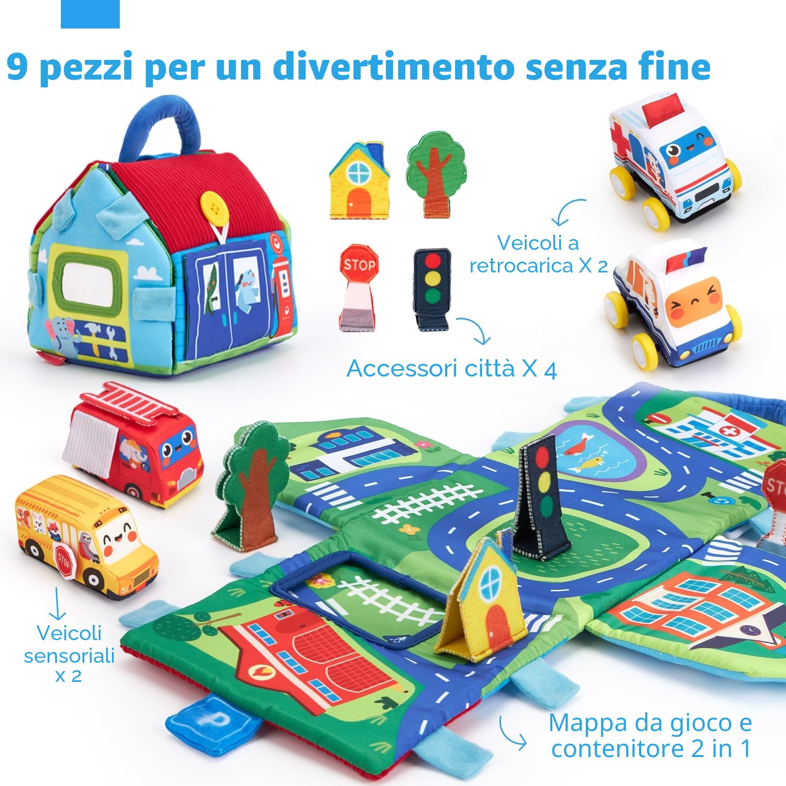 hahaland Giochi Neonato 6 9 12 Mesi - 4 PCS Peluche Macchinine per Bambini con 2 in 1 Borsa & Tappetino da Gioco - Giochi Montessori 1 Anno Regalo per Bimbo Bimba