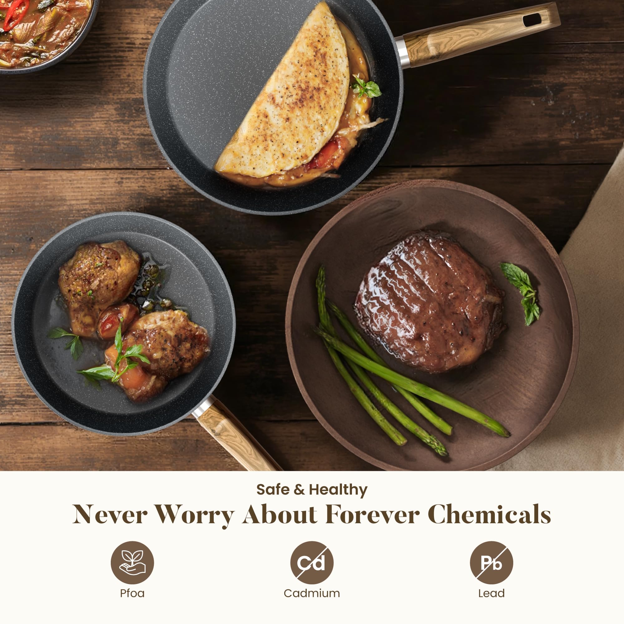 Kitchen Academy Juego de sartenes compatibles con inducción con sartenes y ollas antiadherentes, juego de utensilios de cocina antiadherentes de granito gris, 10 piezas, libre de PFOA y PFAS