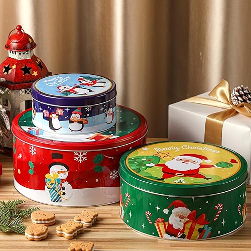 Miniatura 5 de 3 latas de galletas de Navidad con tapas, recipientes grandes de lata de Navidad para regalos, recipientes redondos de metal para galletas, latas