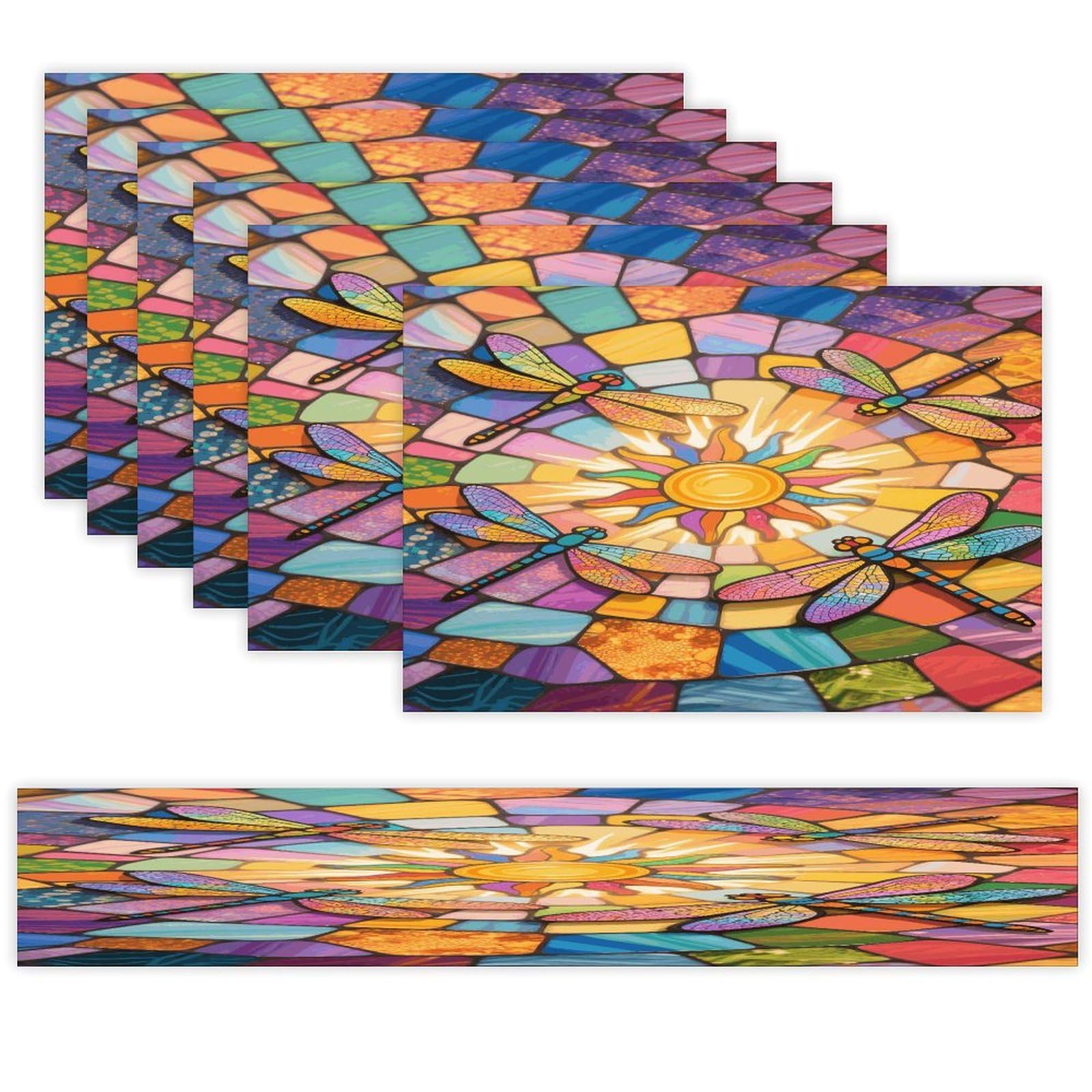 Stained Glass Dragonfly Placemats Set of 7 Exquisite Linen Table Mat Seven Piece Set Includes 13"x71" Fashion Table Runner and 12"x18" Place Mat Decor for Kitchen Dining Room