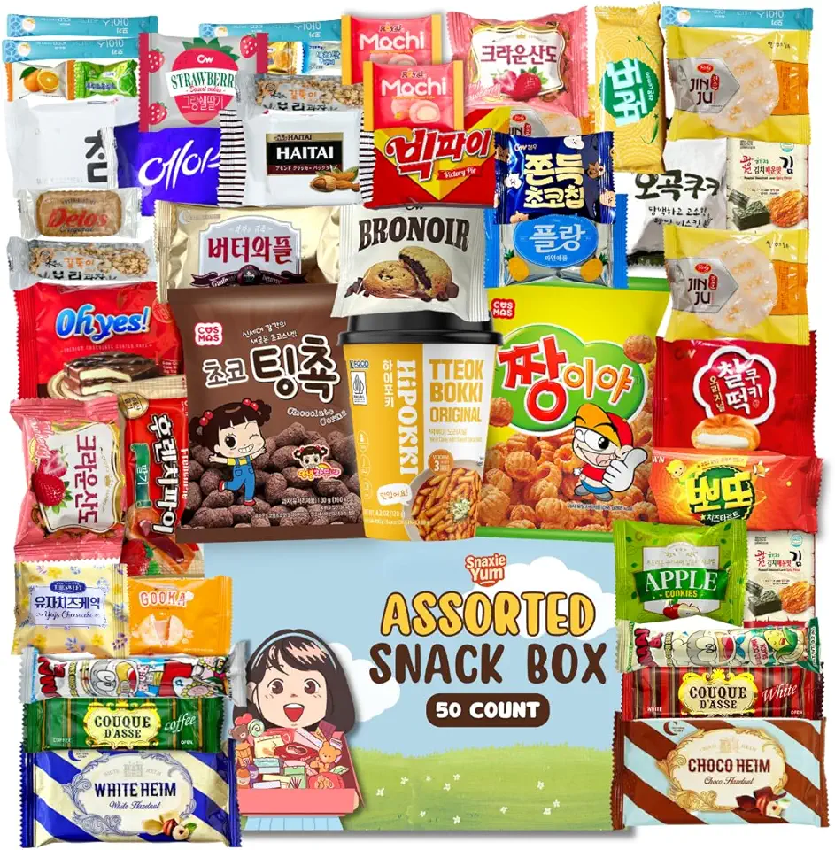 Snaxie Yum Korean Snack Box Variety Pack Gift Bundle 50 Count - International snack box Care package sampler with candy, cookies, chips, and treats, for kids, students, adults, and Snacks