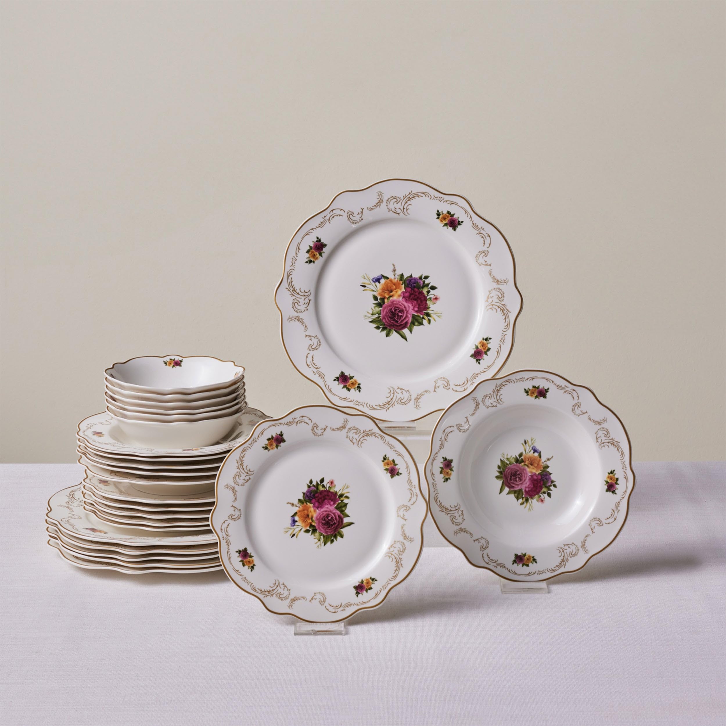 Karaca Antique Plates and Bowls Set for 6 People, White Dinner Set, Complete Kitchen Tableware Collection, Colourful Flower Design, Bone China, 24 Piece