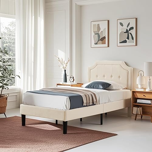 Miniatura 3 de VECELO Base de cama de plataforma tapizada individual con cabecera de panel cosida con botón ajustable, soporte de listones de madera fuerte, diseño