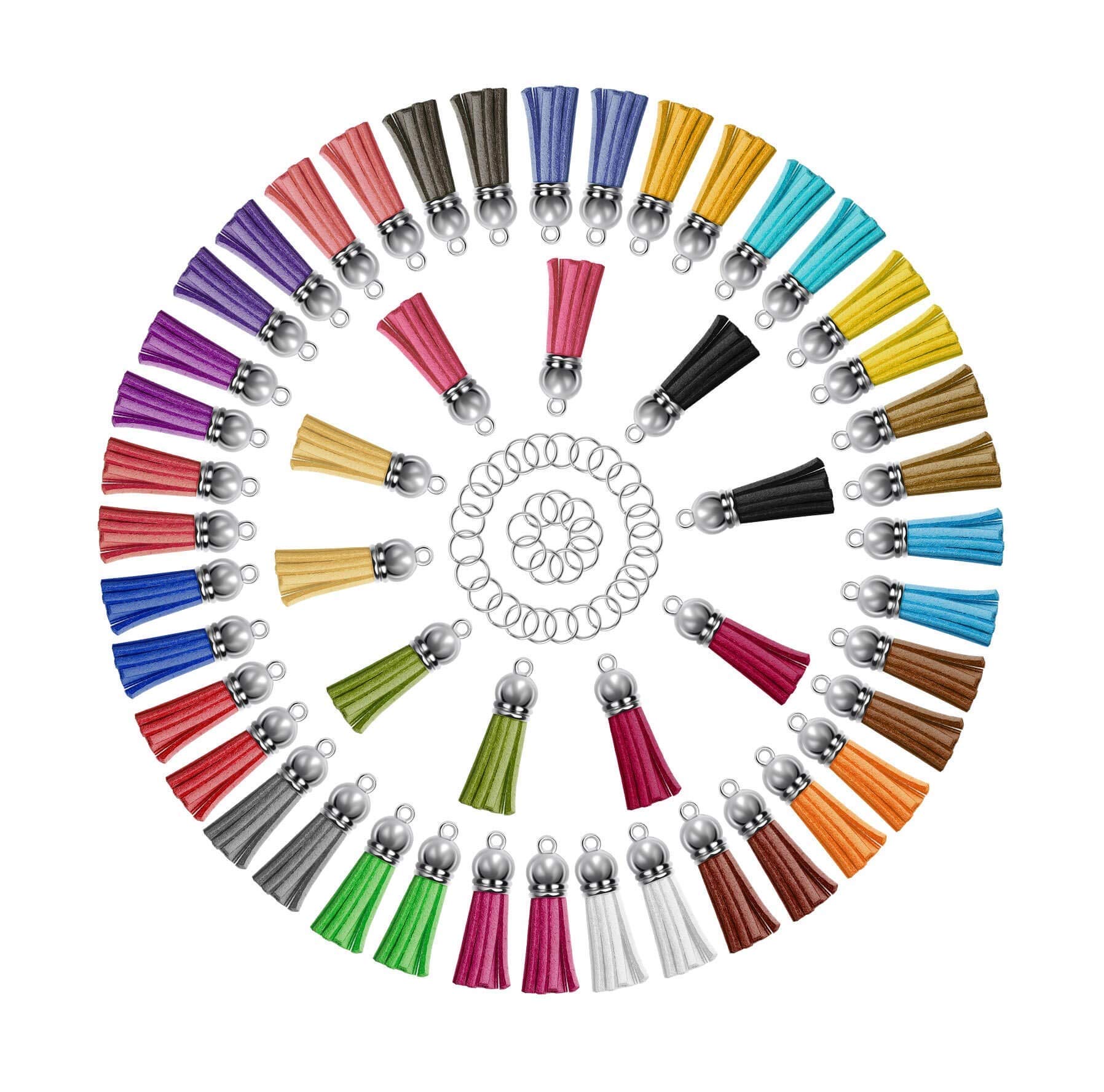 paxcoo tassels for jewelry making 50pcs leather tassel keychain charms bulk with 50pcs jump rings for bracelets acrylic key chain blanks and craft supplies