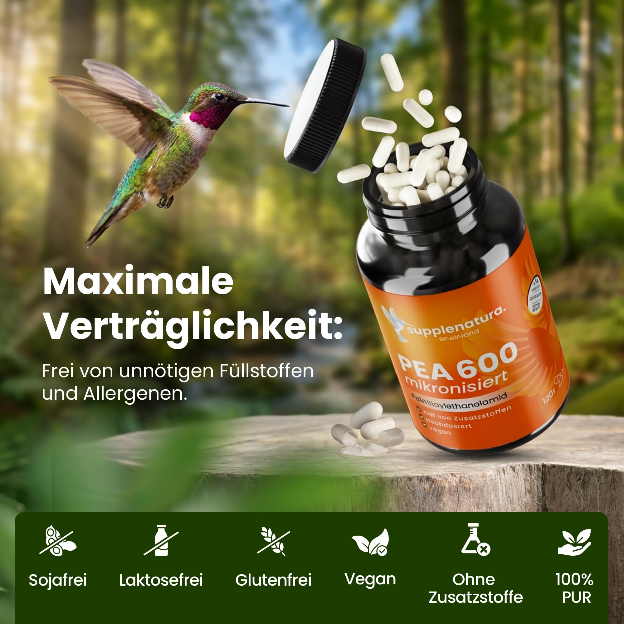 PEA Kapseln | MIKRONISIERT: 1200mg Palmitoylethanolamid pro Dosis | 120 Kapseln | 100% Pure Pea, Laborgeprüft | Produziert in Deutschland - SUPPLENATURA®