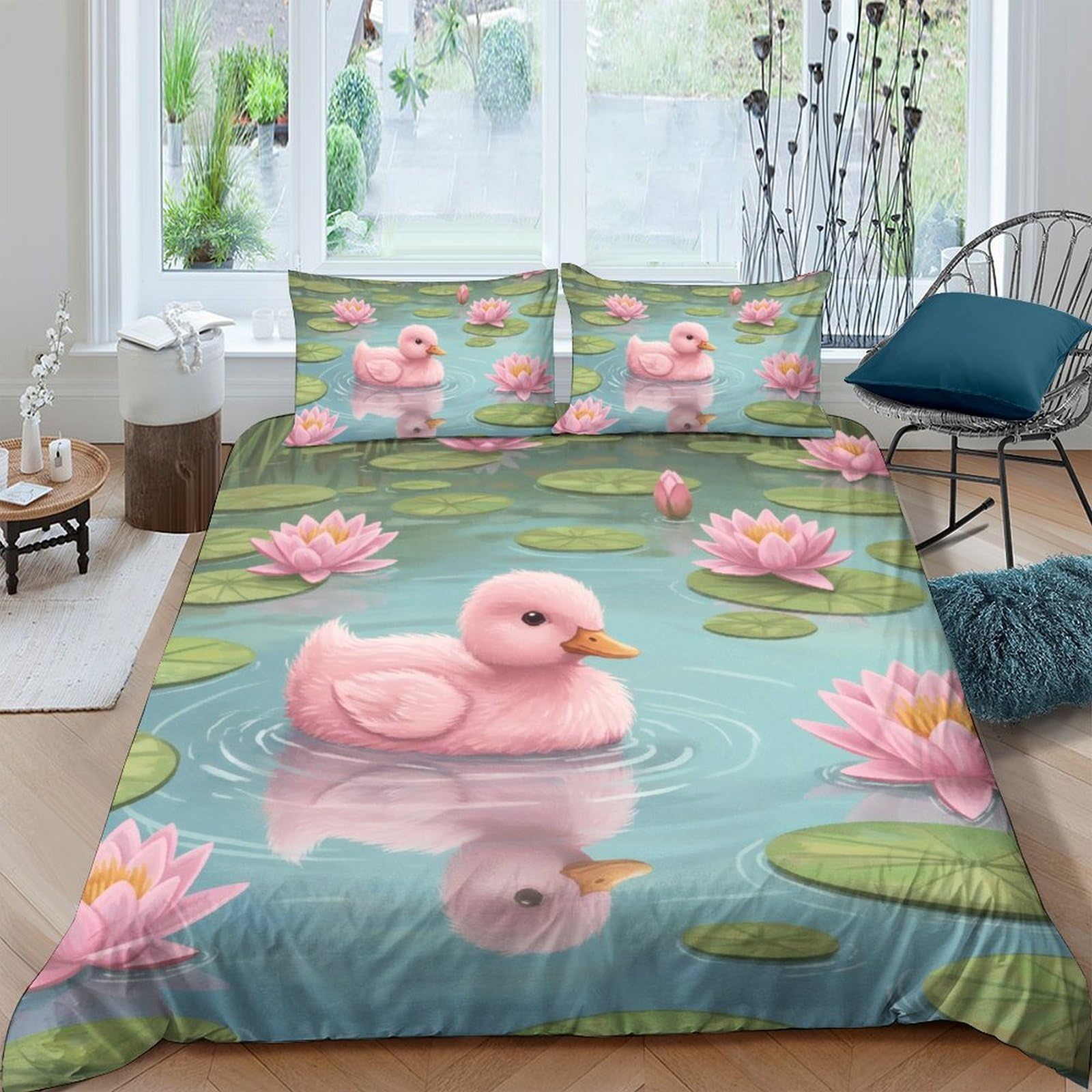 UNRXJZLVM Pink Duck Water Lily Bedding Set 3D Print Microfiber Kids Teens