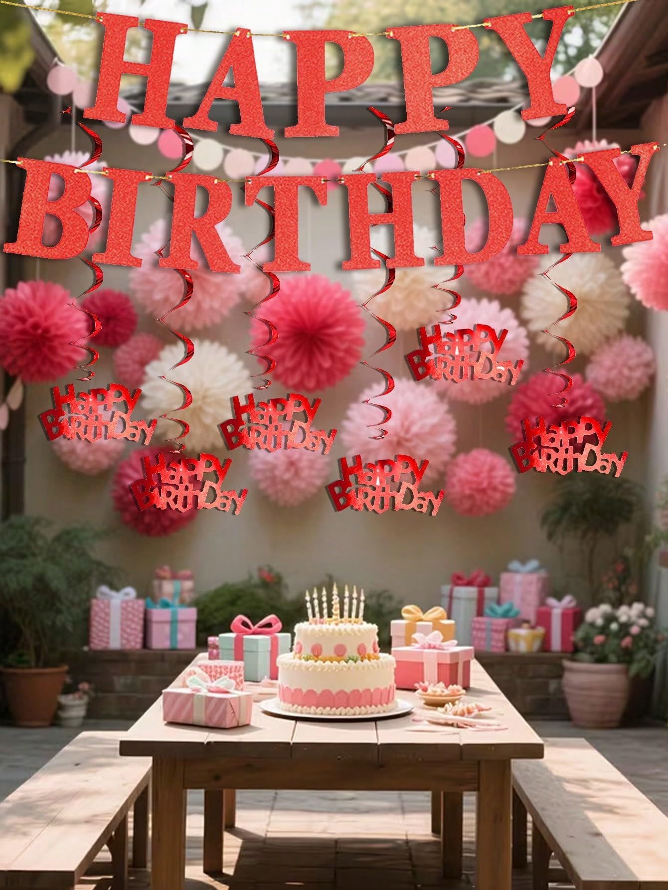 1 set of red happy birthday banner set, shiny happy birthday banner and decorative garland, party decoration supplies, birthday background decoration, theme party DIY decoration supplies