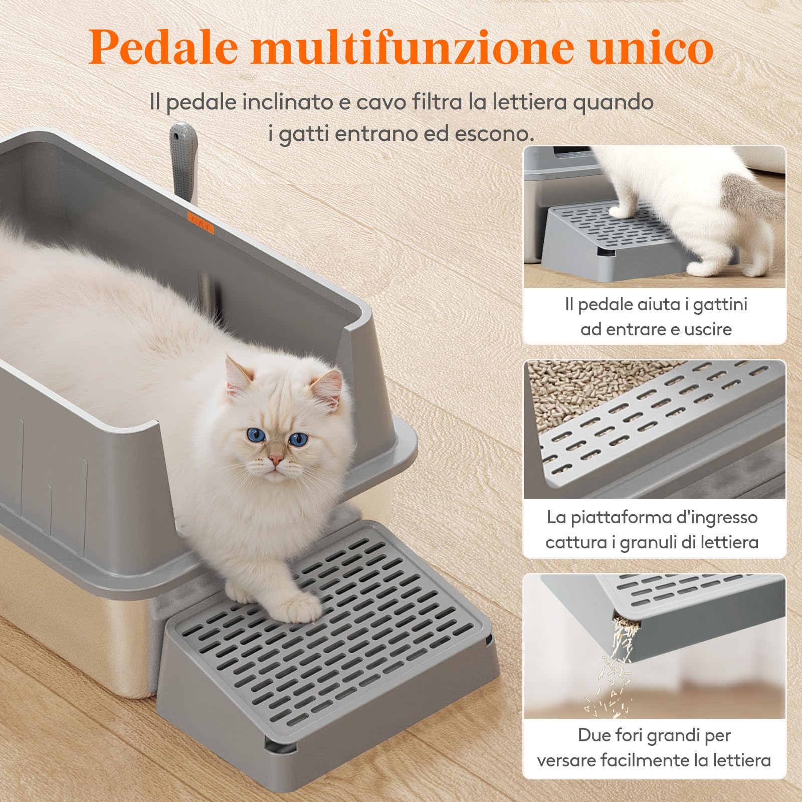 Lifewit Lettiera per Gatti in Acciaio Inox, Aperta, 60,5 x 40,7 x 17,5 cm, con Pala e Pedale, XXL, Senza Coperchio, per Gatti, per Soggiorno, Camera da Letto, Grigio