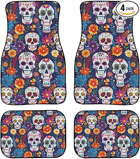 Sugar Skull Floor Mats for Car All Weather Non-Slip 4 Piece Car Floor Mats Carpet Universal Fit Rubber Black Rugs Fronr Rear Protection for Sedan SUV Interior Accessories
