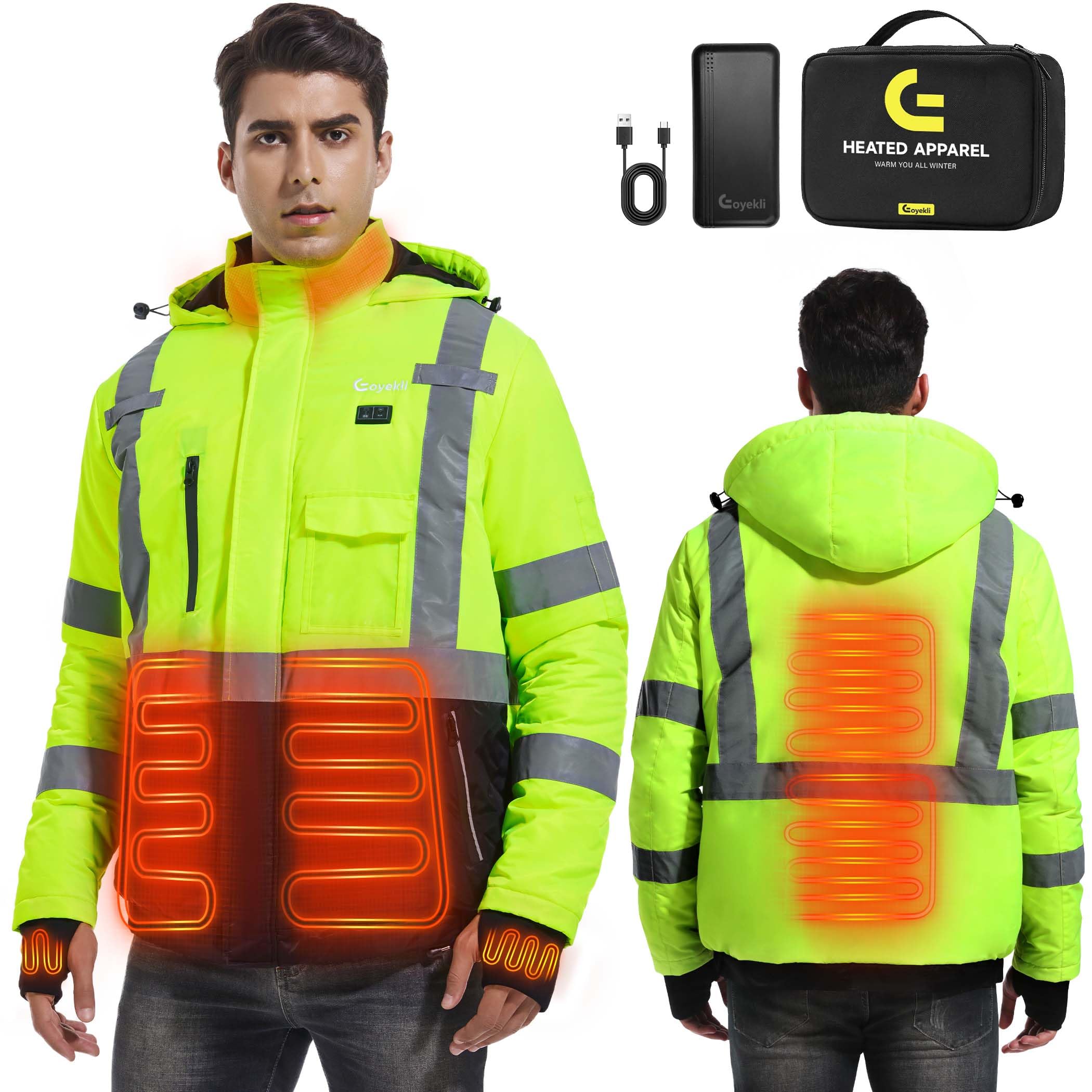 Eoyekli Heated Safety Jacket for Men with 20000mAh Battery Pack - Class 3HiV Waterproof Safety Coat with Reflective Tape