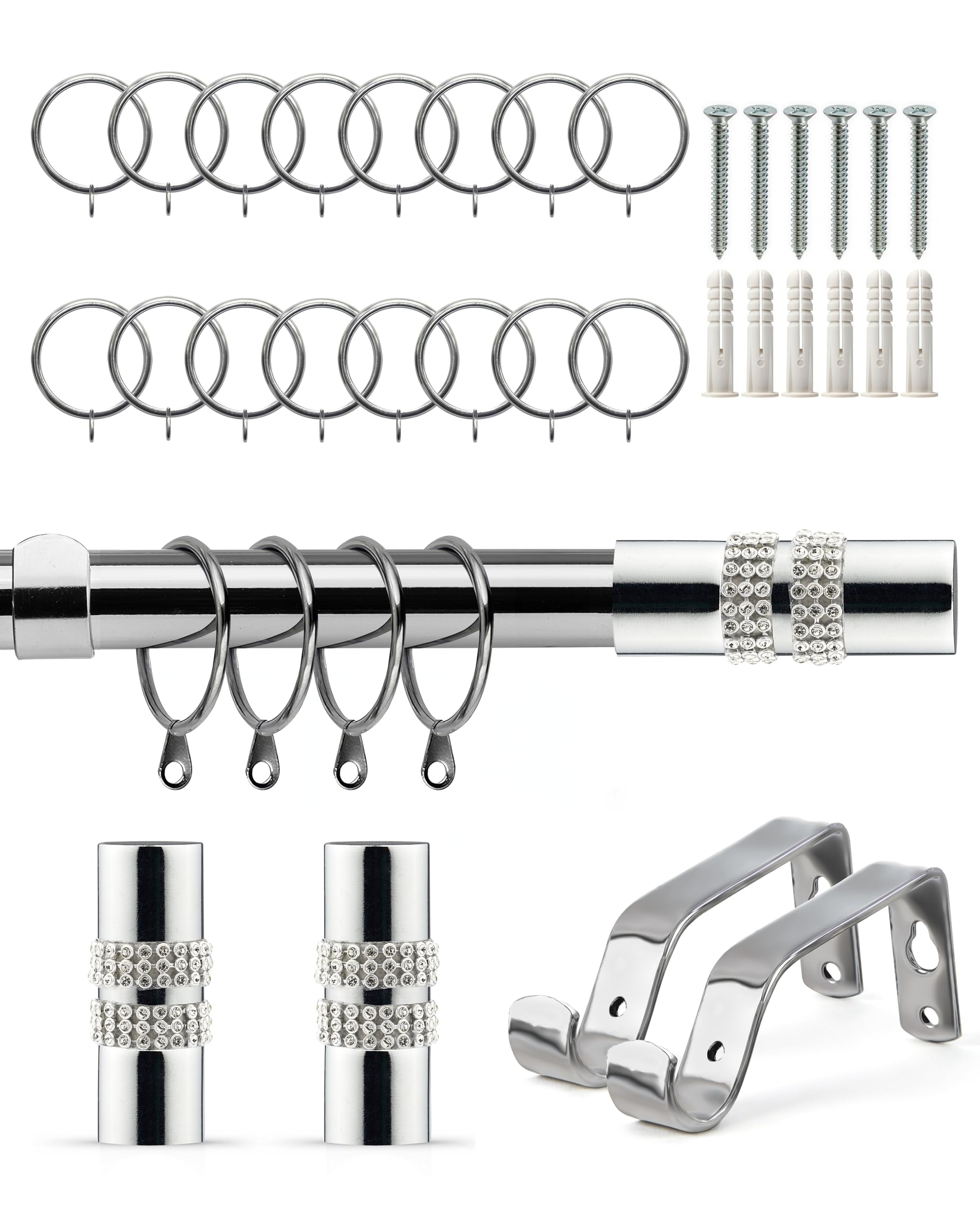 Emma Barclay Curtain Pole With Rings Extendable Diamante Silver 120-210Cm