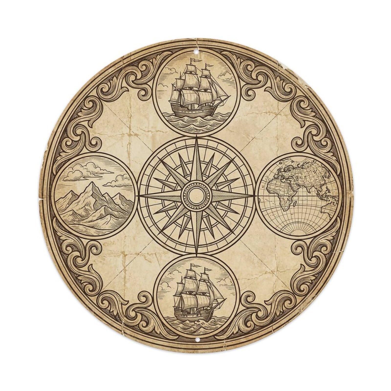 Vintage Nautical Compass World Map Helmsman Chronicle Metal Tin Sign