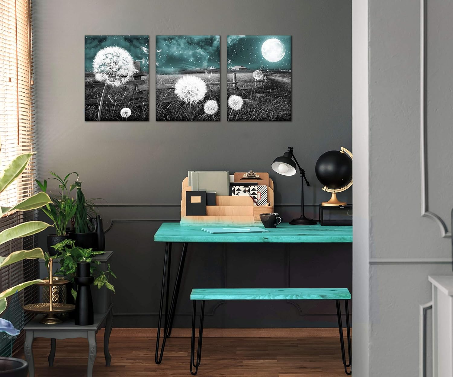 Dandelion Wall-Art - Farmhouse Bedroom Decor - Bathroom Decorations Teal Artwork for Wall Moon Wall Art Oil Paintings On Canvas Framed Size 12x16 Inches x3 Pieces