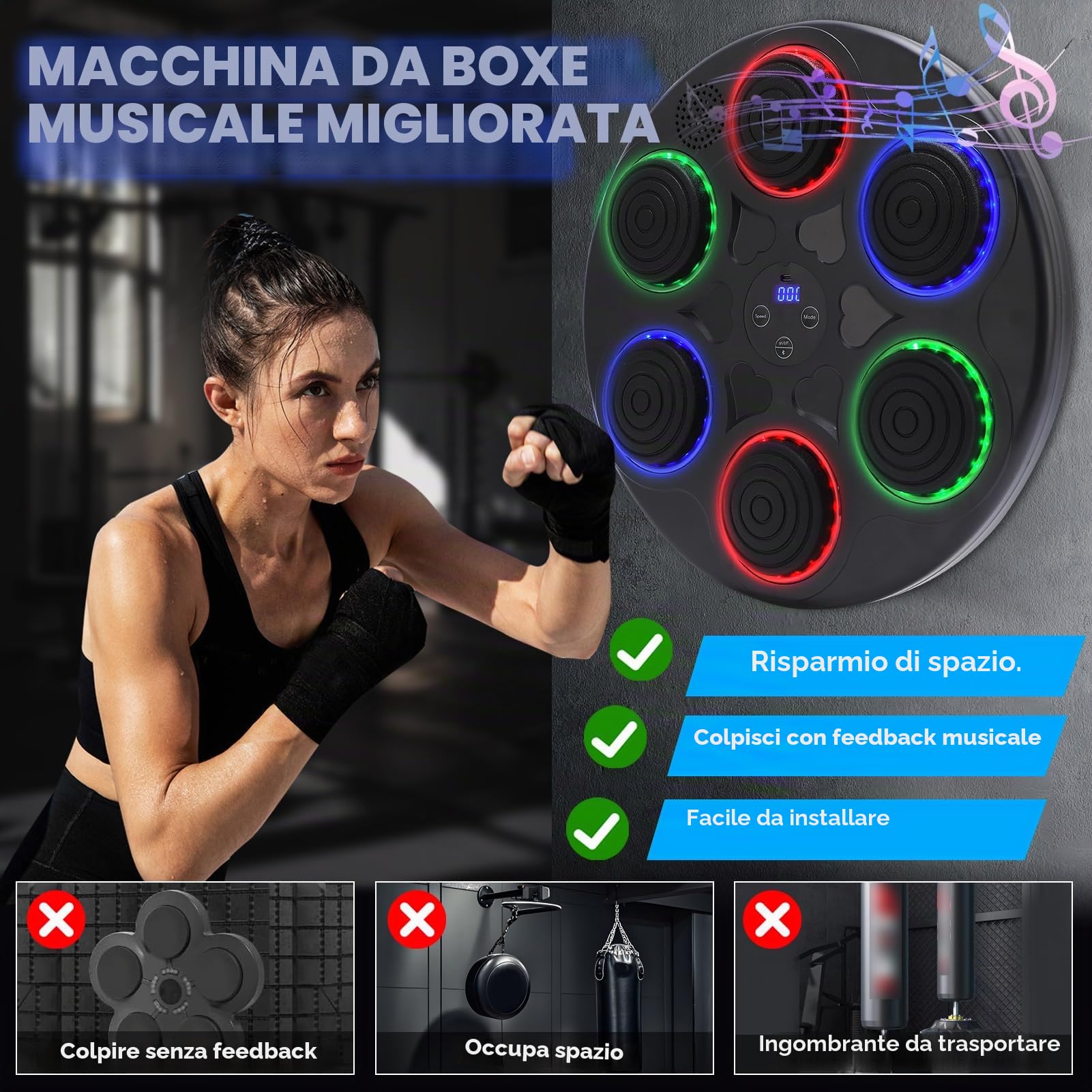 Macchina da boxe musicale per adulti, con musica, montaggio a parete, display LED, modalità 9 velocità, Bluetooth, attrezzatura per allenamento