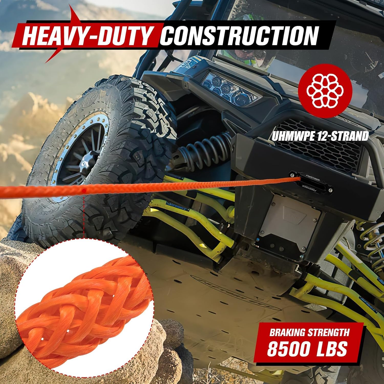 FieryRed 3/16inch 50FT 8500LBS Synthetic Winch Rope Cable Kit with Forged Hook Rubber Stopper and Fairlead, Soft Shackle with Snatch Ring