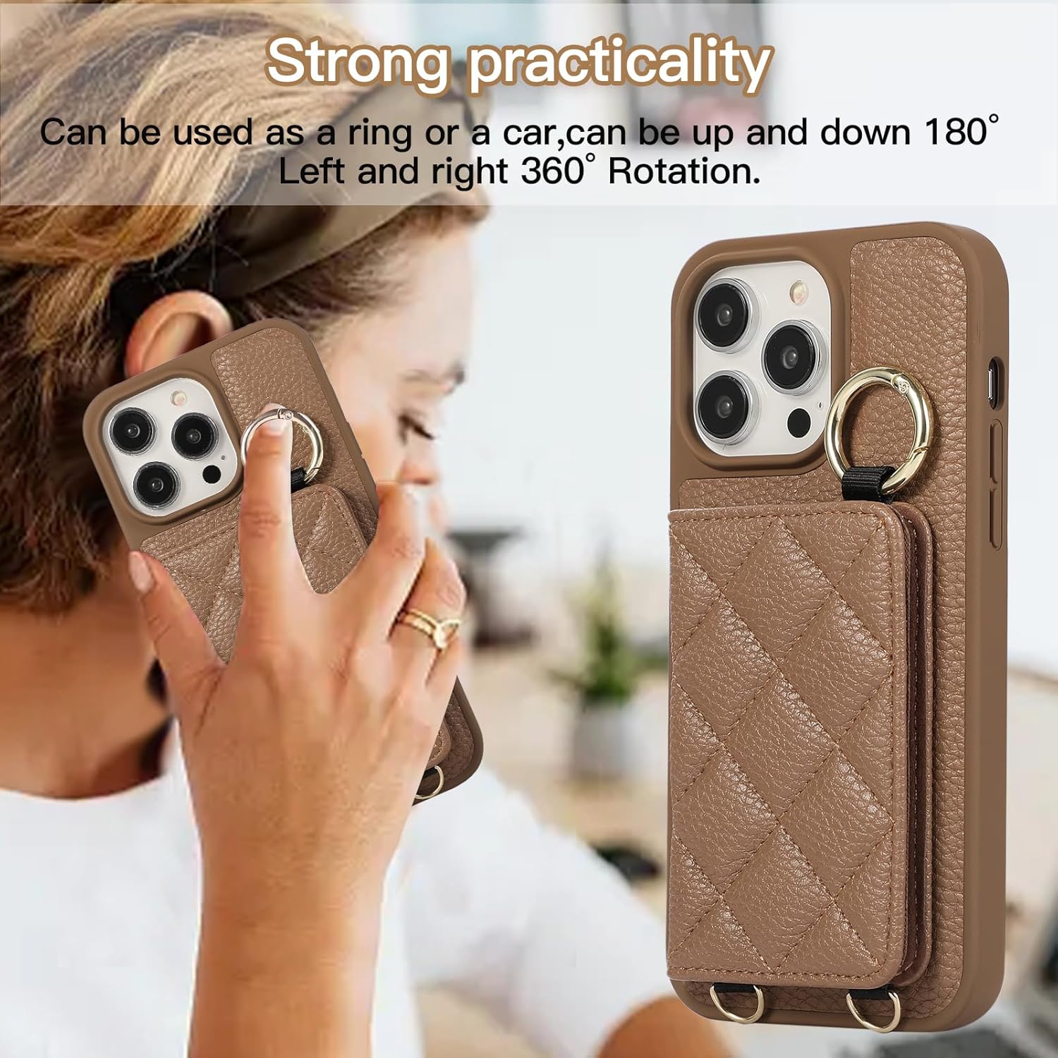 Case for iPhone 14 Pro Shockproof Phone with Adjustable Necklace RFID Wallet Case Card Tray with Band Ring Stand Makeup Mirror Cover - Brown