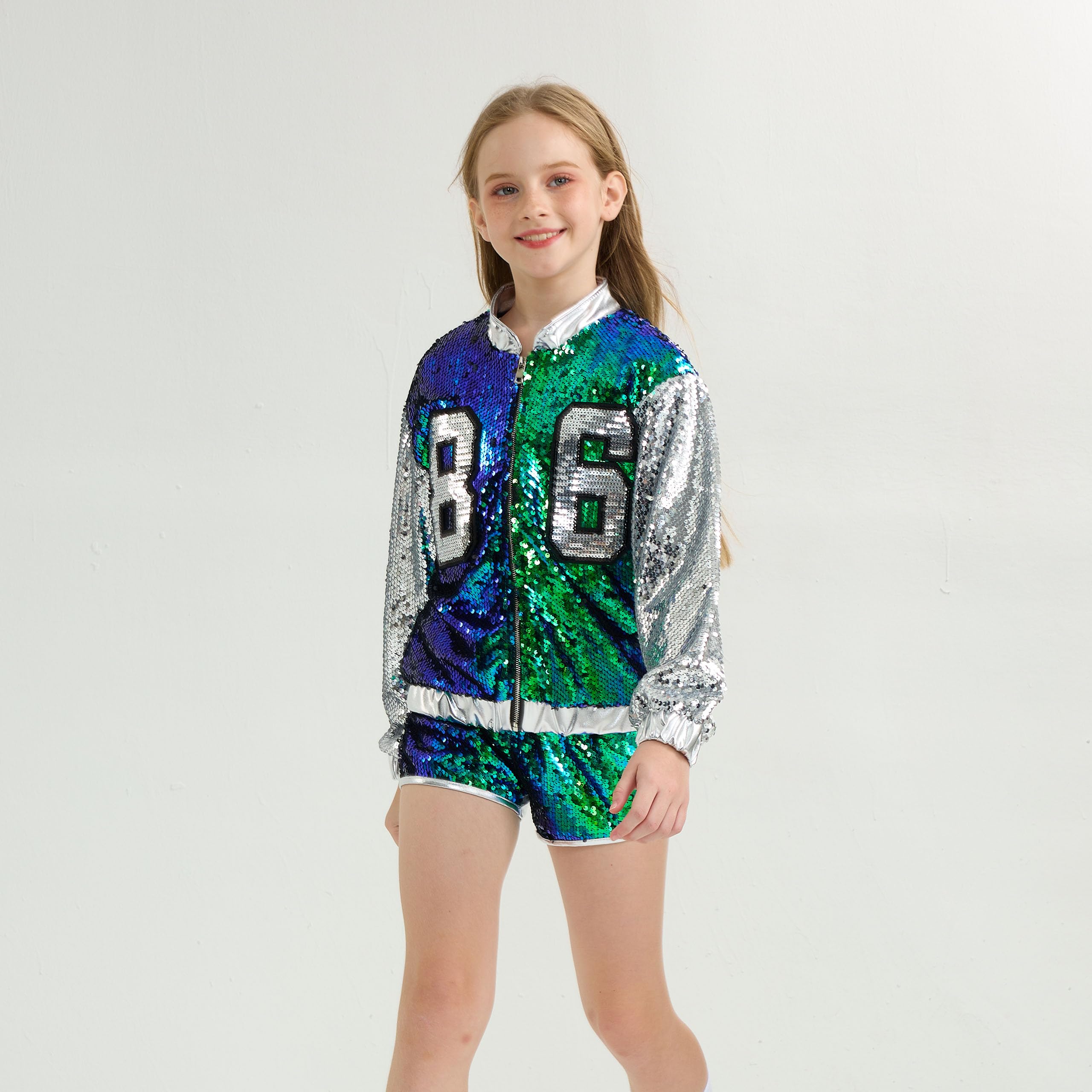 LOLANTA 4 Piezas de niñas Hip Hop Dance Costume Kids Lentejuelas Jazz Dance Clothes Set Calcetines adjuntos, 4-15 años