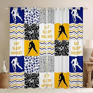 Manfei Hockey Window Curtains Winter Sports Game Theme Window Treatments, Checks Grid Print Window Drapes for Kids Boys Teens Room Decor Grommet Top 2 Panel Set Bedroom Curtains, 52Wx84L inch