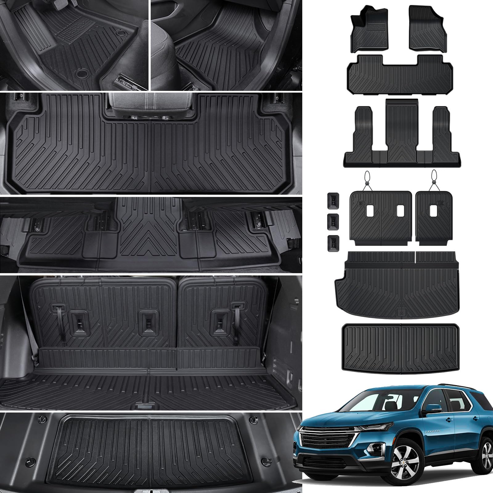 JOULARISE Floor Mat Cargo Mats for 2018-2022 2023 Chevrolet Chevy Traverse 7 Seats Car Mat Accessories, All Weather TPE Backrest and Lower Trunk Cargo Liner (18-23 7 Seats Set)