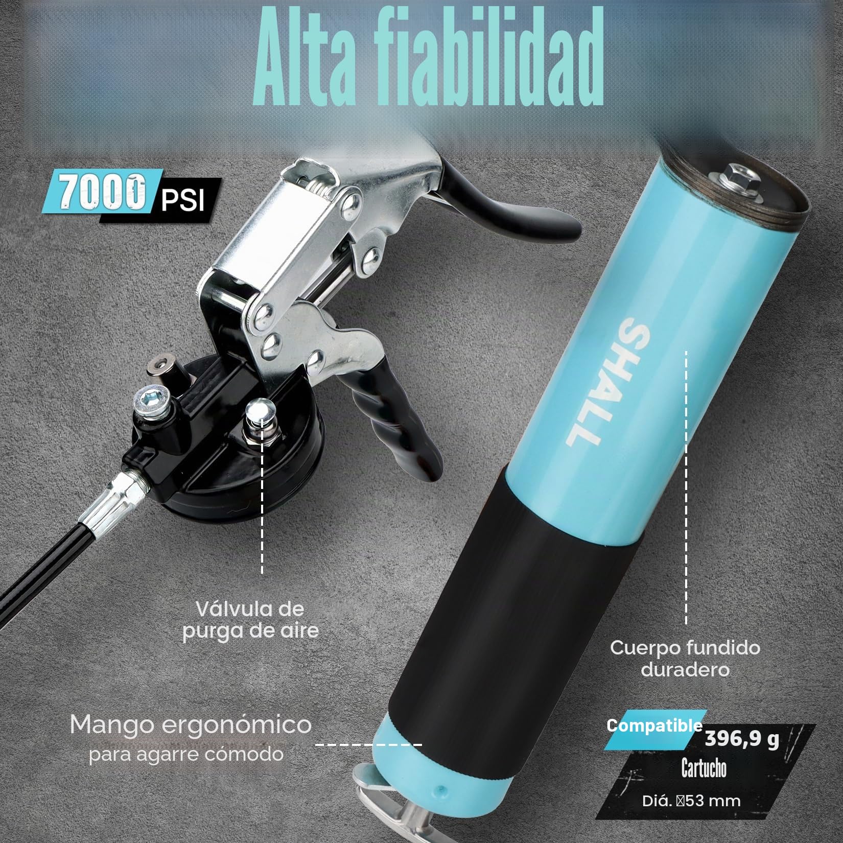 SHALL Pistola engrasadora, kit de pistola engrasadora con empuñadura de pistola de servicio pesado de 7000 PSI, manguera flexible con resorte de 18", 2 tubos rígidos de extensión, boquilla afilada