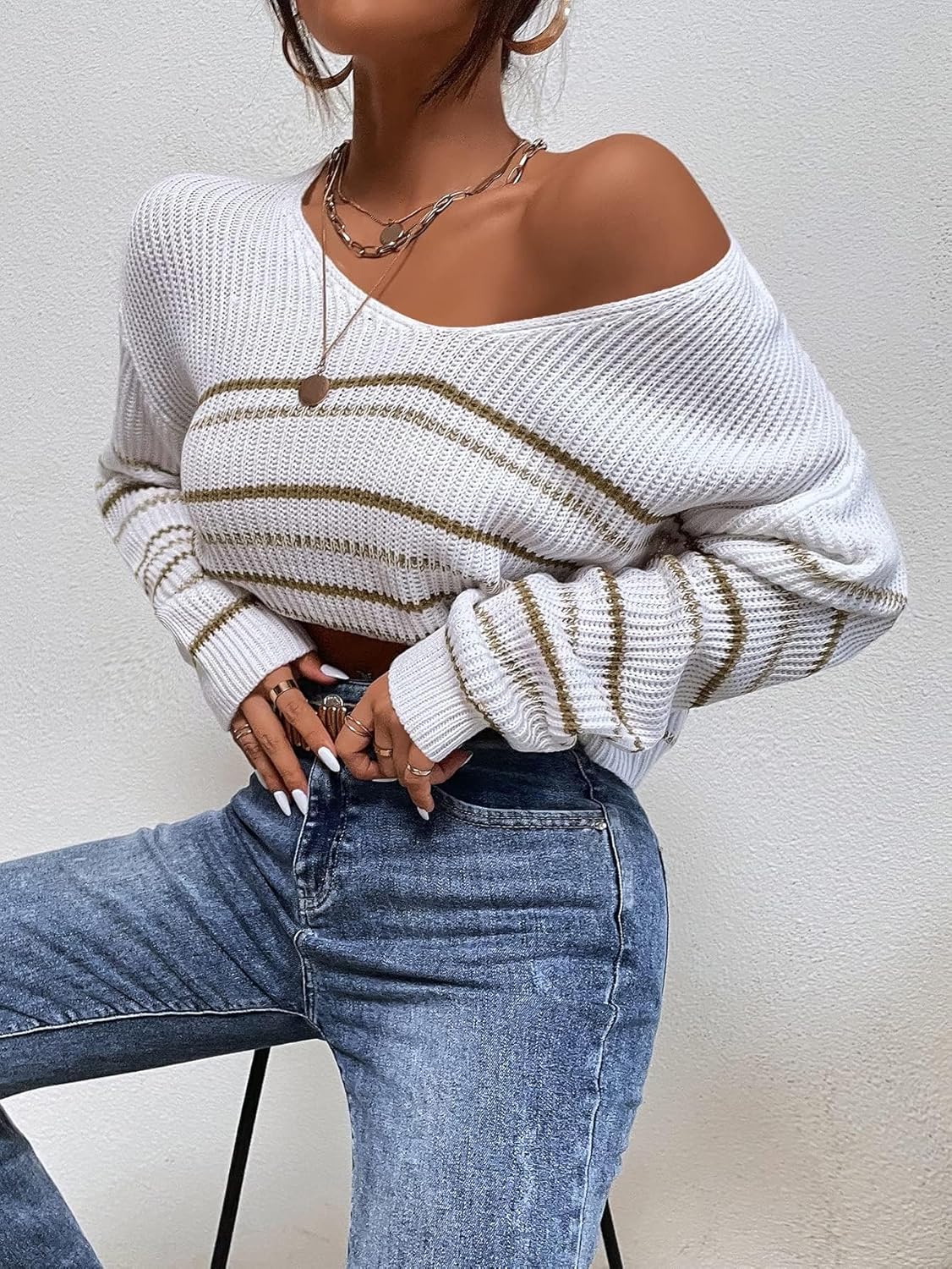 BEDAW Women's Sweater Striped Pattern Drop Shoulder Sweater Sweater for Women (Size : Large)