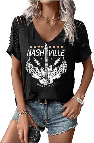 Rock Band T-Shirt for Women V-Neck Country Music Short Sleeved Shirt Retro Nashv