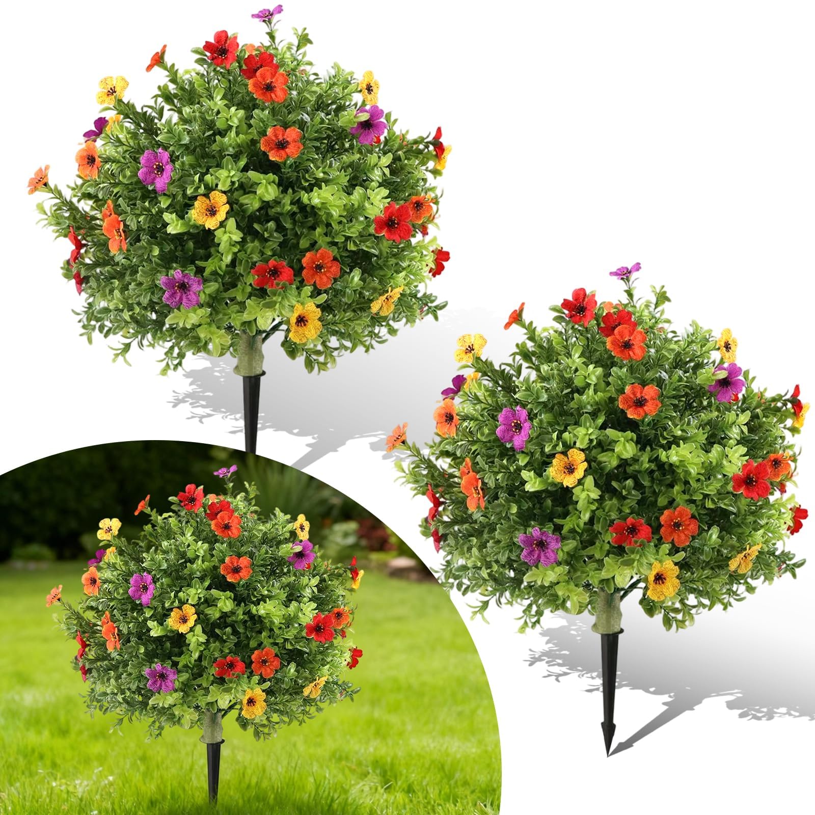 Aptliton Set of 2 Artificial Boxwood Topiary Ball Trees 60cm UV-Resistant Faux Shrubs with Pink Flower Accents Maintenance-Free Ground Spikes Indoor Outdoor Porch Patio Garden Decor, Mixed Color