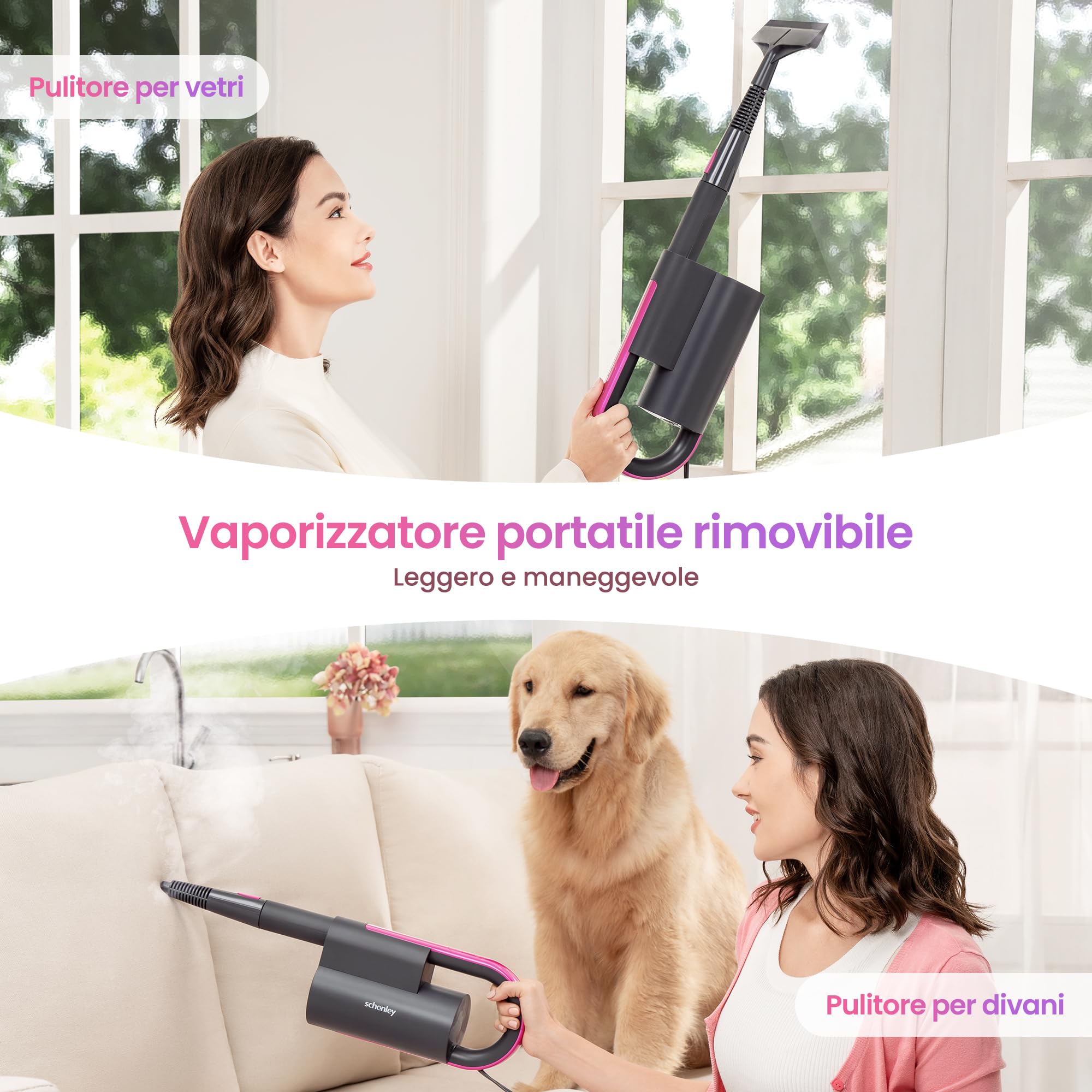 Schenley scopa a vapore 19-in-1 con vaporetto staccabile, design a doppio tubo per pavimenti, piastrelle, pareti e fughe, completo di accessori