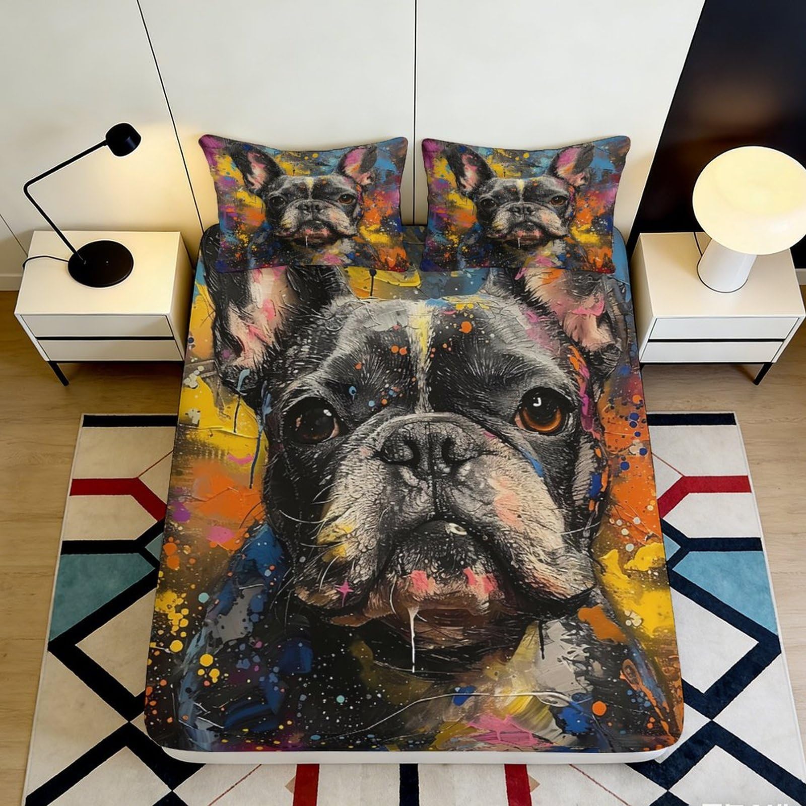 3D Printed French Bulldog Art Fitted Sheet Microfiber Colourful Graffiti Bed Cover for Bedroom Guest Room Dorm Decor 90x200x25cm