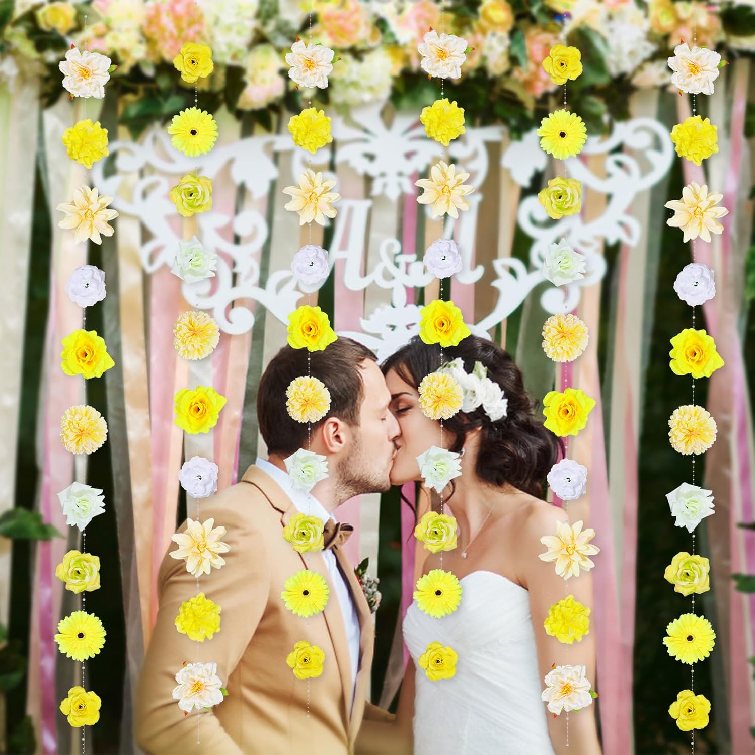 6PCS 48ft Artificial Flower Garland with Pearl Chain. Large Silk Floral Hanging Vines for Wall, Door, Lights Decoration. Wedding, Birthday Party Backdrop Decor. Flower Hanging Garland Included (white)