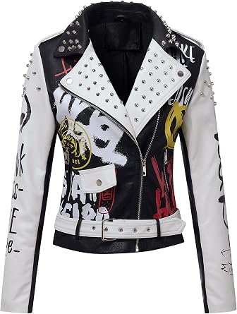 RISISSIDA Women Faux Leather Studded Moto Jacket Belted Short Streetwear