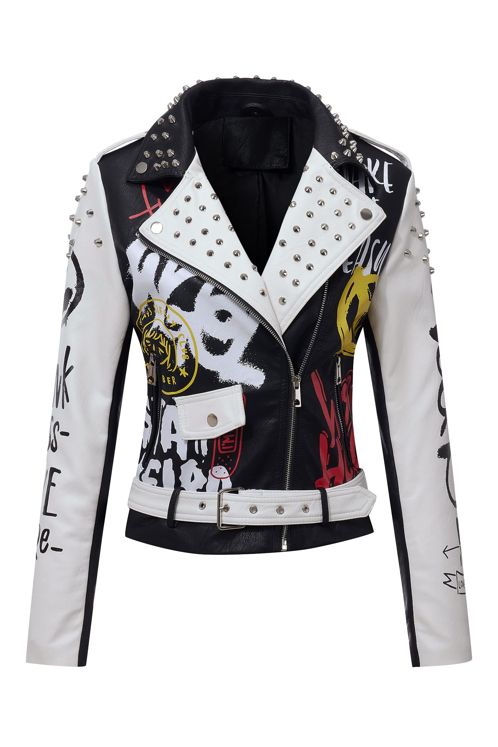 RISISSIDA Women Faux Leather Jacket Studded Rivet Spring Fall Winter Fashion, Moto Biker Trendy Clothes Streetwear Belted