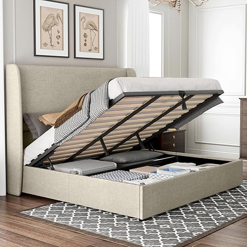 Jocisland King Size Bed Frame with Lift Storage Bed Linen Platform Bed with Wingback Headboard/Hydraulic Storage/No Box Spring Needed/Wood Slats Support/Khaki