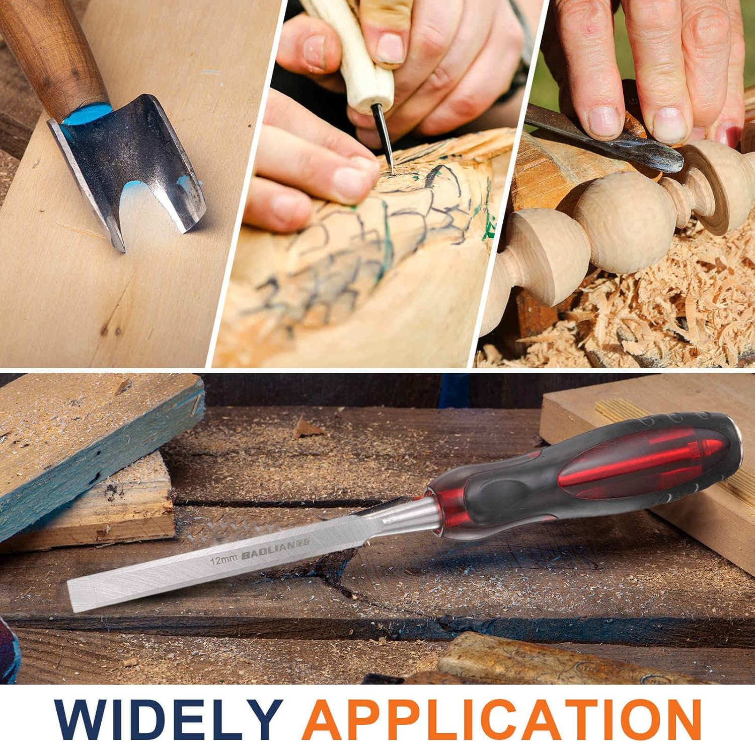 HARFINGTON 4pcs Wood Chisel Set 1/4"-11/16" CR-V Steel Beveled Edge Blade Wood Woodworking Tools with PVC Handle for Carving Woodworking DIY Projects