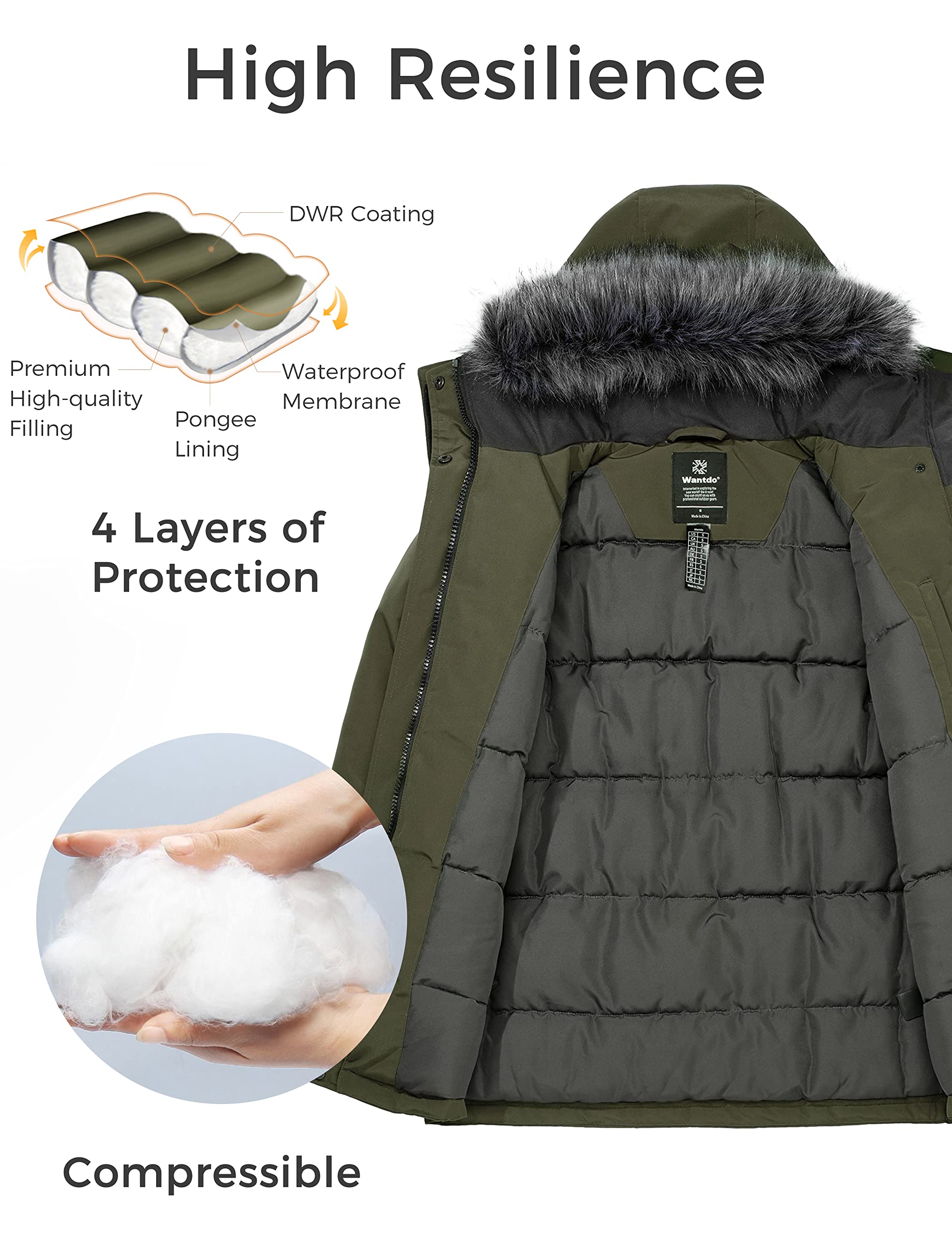 Wantdo Giacca Invernale Imbottita Calda Parka con Pelliccia Esterno Giaccone da Lavoro Antivento Giacca Pesante Donna