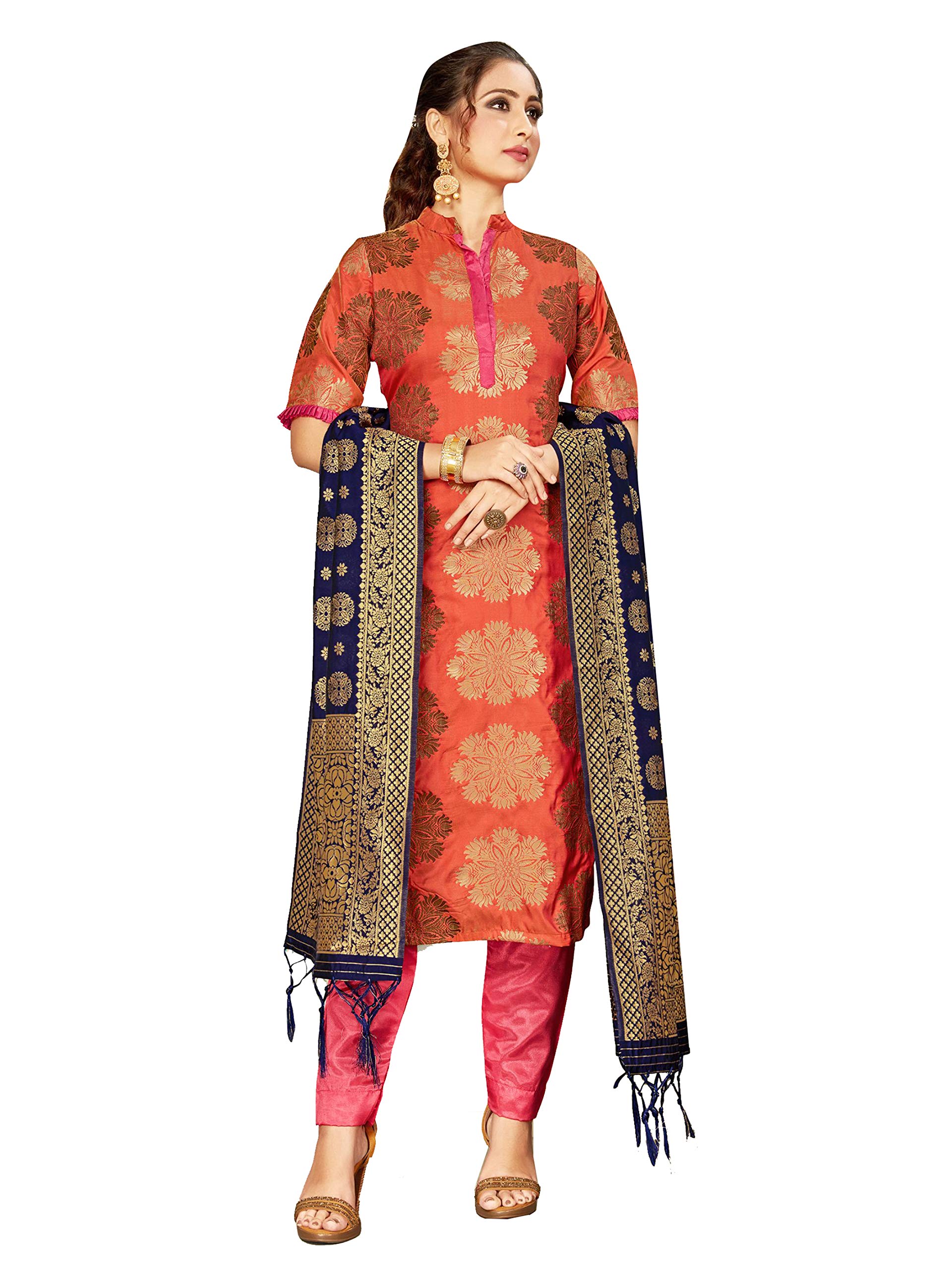 Indian Pakistani Readymade Women's Salwar Kameez Banarasi Art Silk Woven Suit with Silk Dupatta || Stitched Dress Pink
