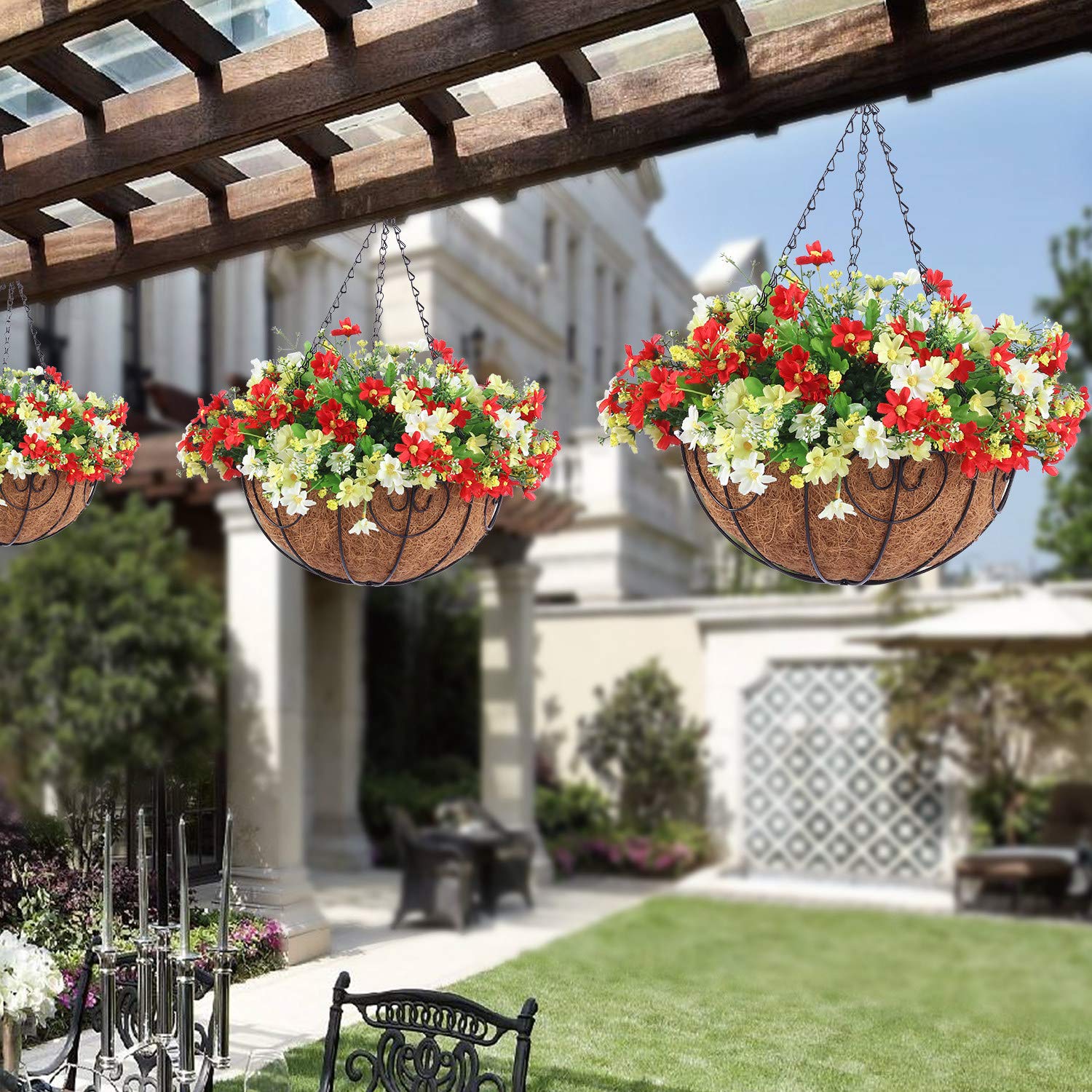 Generico Fiori artificiali appesi con cesto,Cesto appeso fiori artificiali | Cesti appesi con finti fiori di margherita | Cestino da appendere a catena con fiori finti per portico, patio, campagna