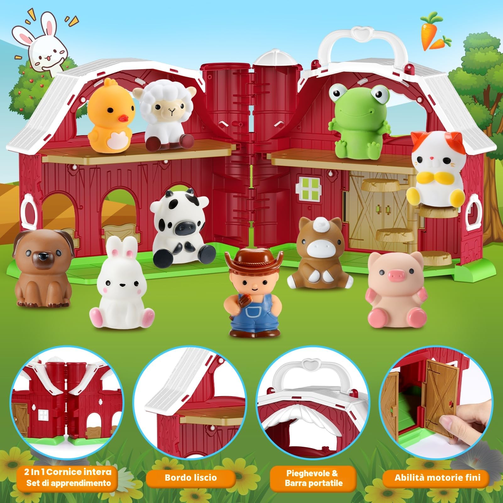 HappyKidsClub Giochi Fattoria Montessori per Bambini 1-4 Anni, Set Fienile Apribile con 9 Animali & Contadino - Giocattoli Educativo Portatile per Bambino - Idea Regalo Bambini 1 2 3 4 anni (Cartoon)