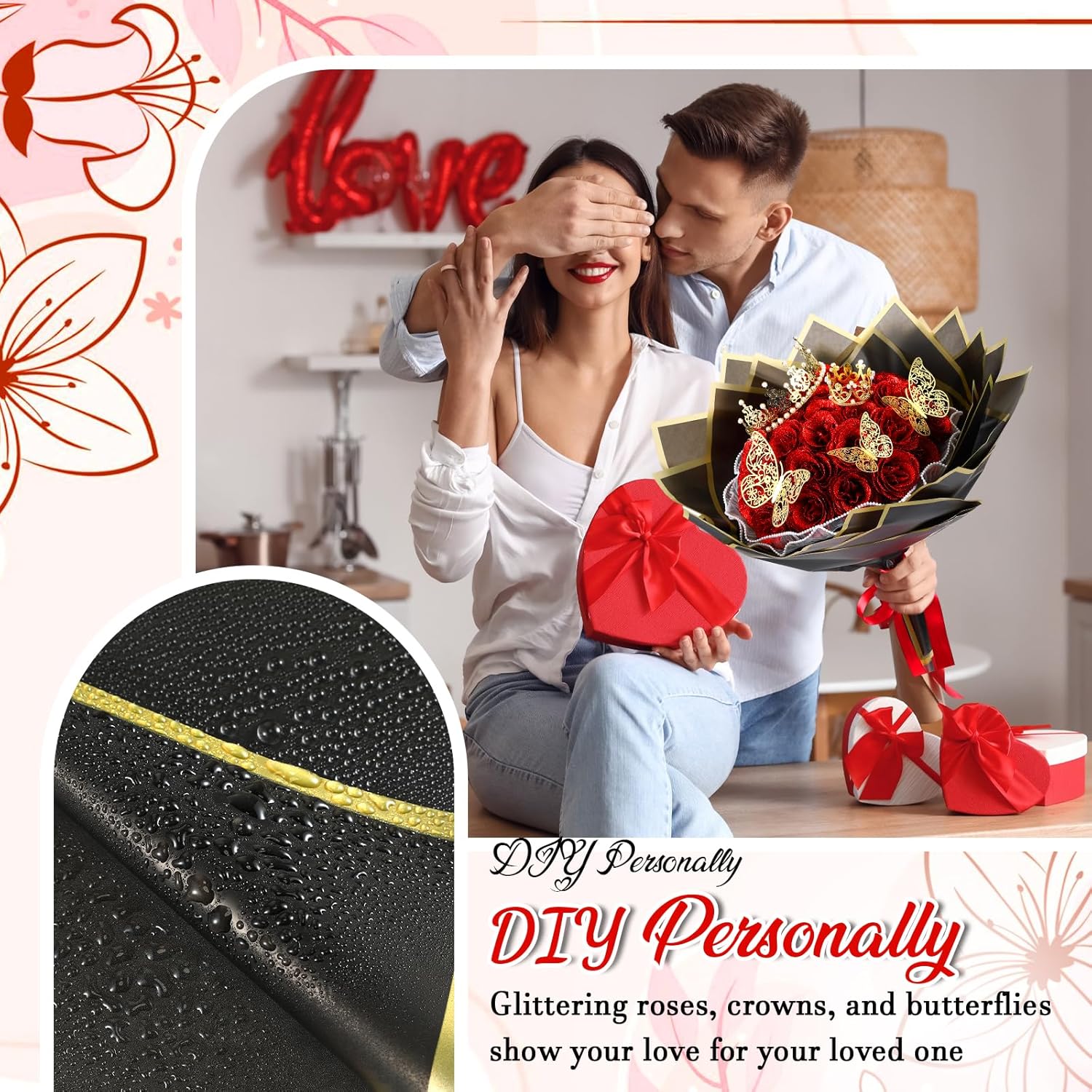 24 Pcs Valentines Glitter Roses Bouquet Gifts Artificial Rose DIY Flower Bouquet Kit Birthday Gifts Flower Wrapping Paper 3D Butterflies Crowns for Anniversary (Red) - Image 4