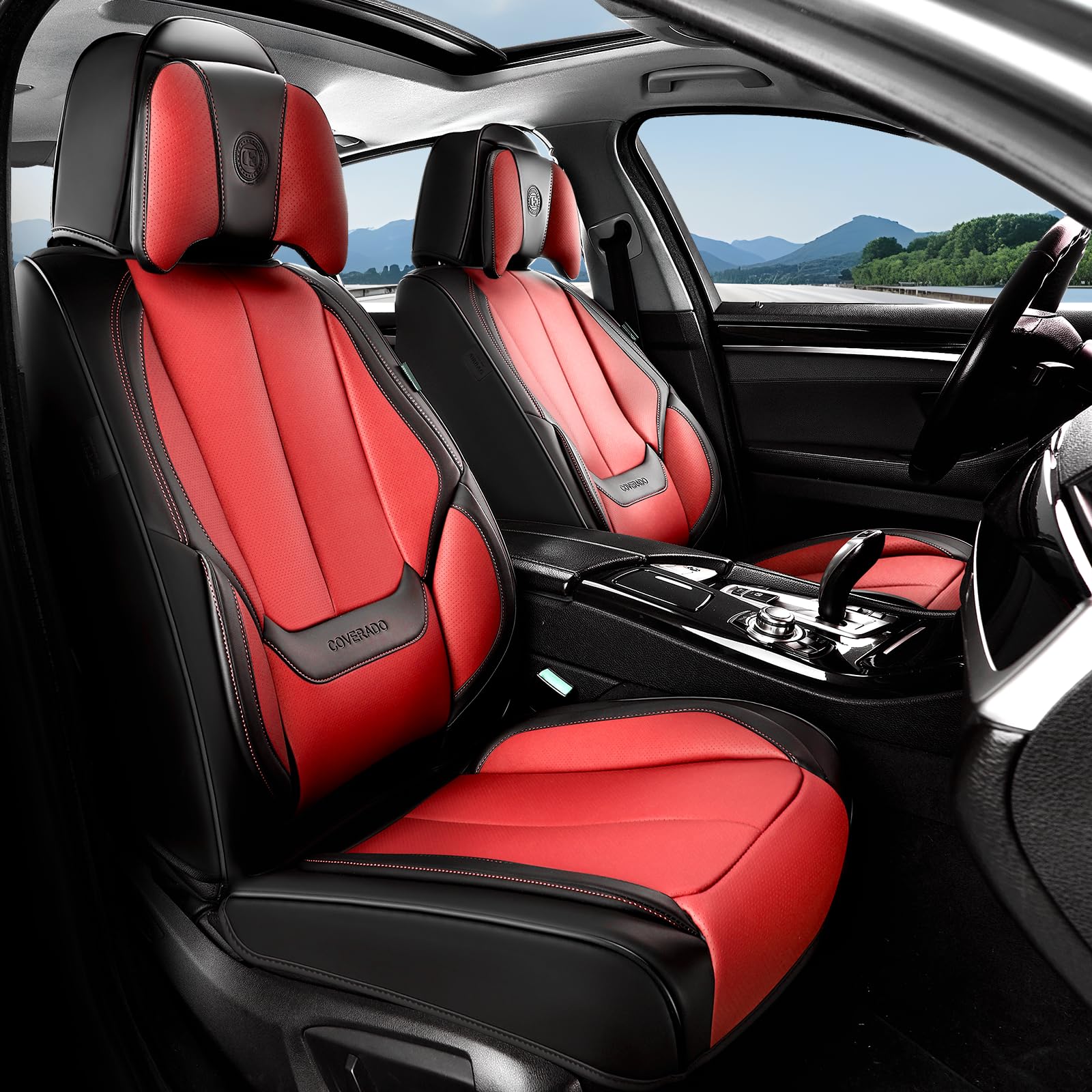 Coverado Seat Covers, Car Seat Covers Front Seats, Car Seat Cover, Car Seat Protector Waterproof, Seat Cushion Nappa Leather with Head Pillow, Carseat Cover Universal Fit for Most Cars (Black&amp;Red)