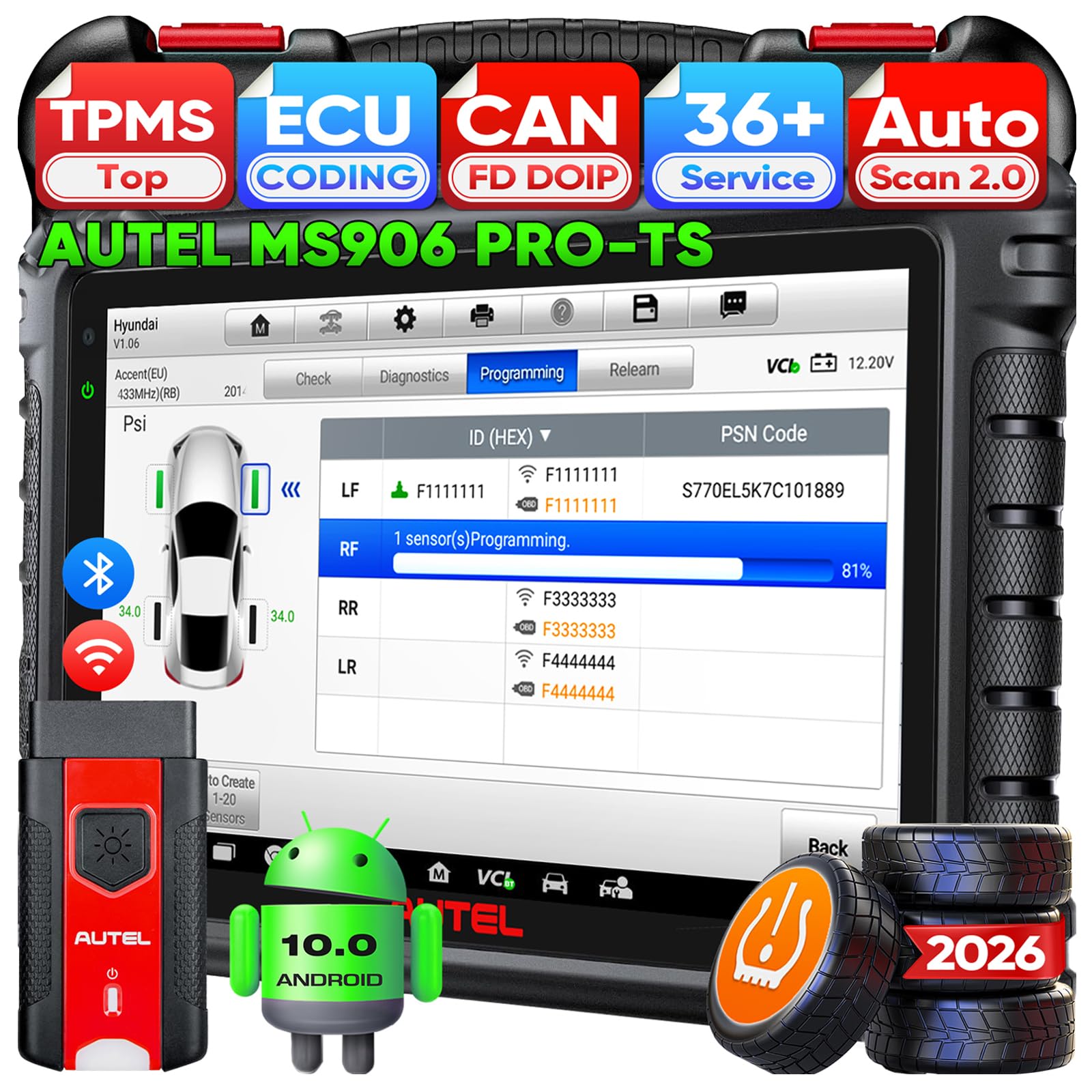 Scanner MaxiSYS MS906 PRO-TS, 2026 MS906PROTS Same as MS906 PRO2-TS Up of MS906MAX MS906PRO MP900TS, Top TPMS & OE C0d-ing, Bidirectional, 36+ Service, CAN FD&DoIP, Auto Scan 2.0, FCA OS 10
