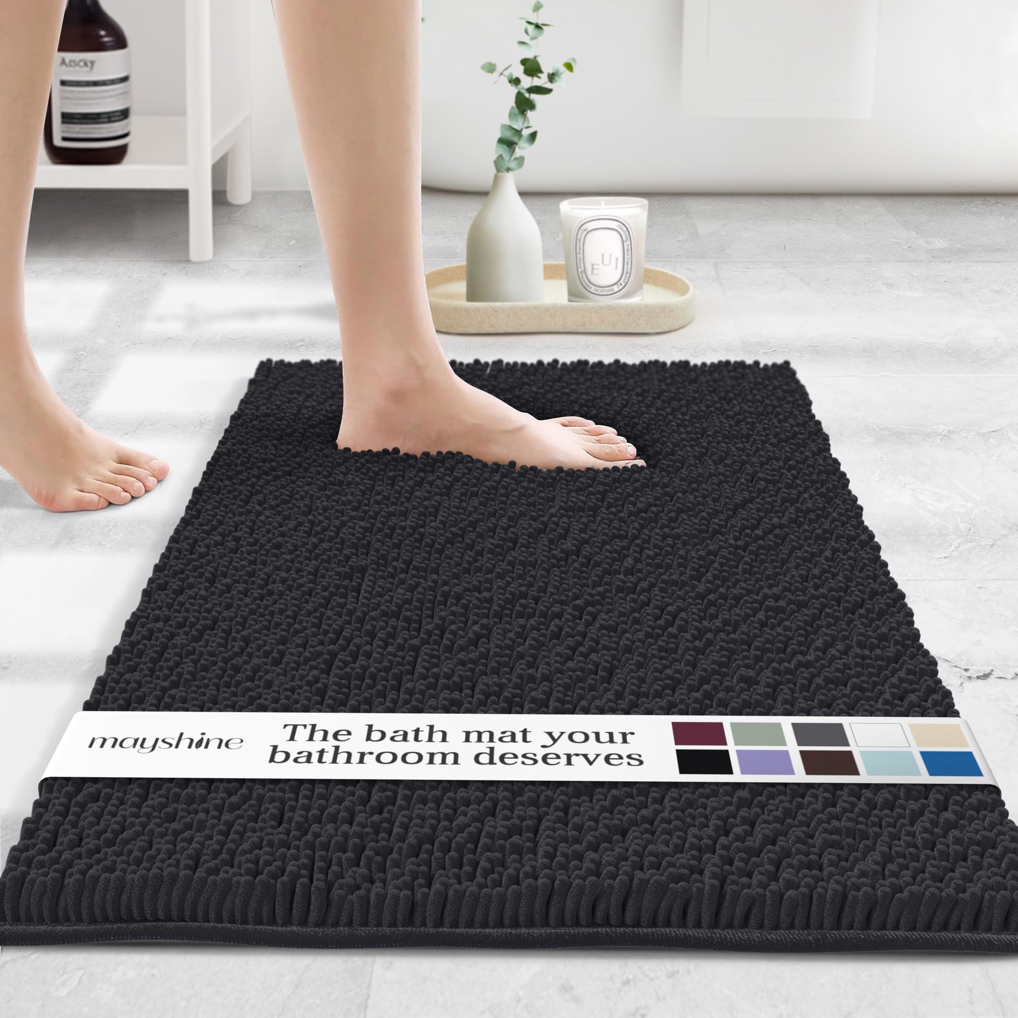 MAYSHINE Small Plush Shaggy Chenille Bath Mat 24"x17"| Extra Soft, Super Absorbent, Non-Slip Bathroom Rug | Fluffy Microfiber, Area Rug Sets for Bathroom Floor, Kitchen, Living Room | Black