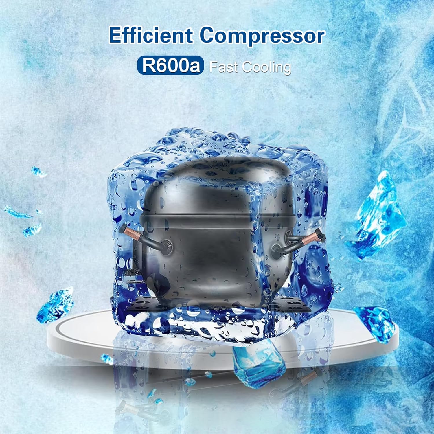 Image of an R600a compressor surrounded by ice, indicating fast cooling