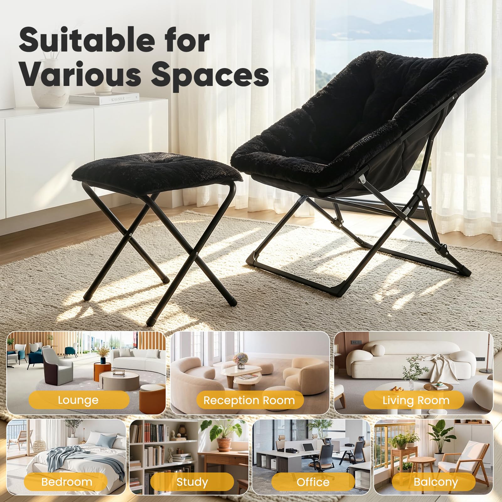 Sillón Plegable de Piel Sintética con Reposapiés, Bastidor Metálico Triangular Resistente hasta 150kg, Sillón Grande Relax Adultos Lectura Gaming (Negro)