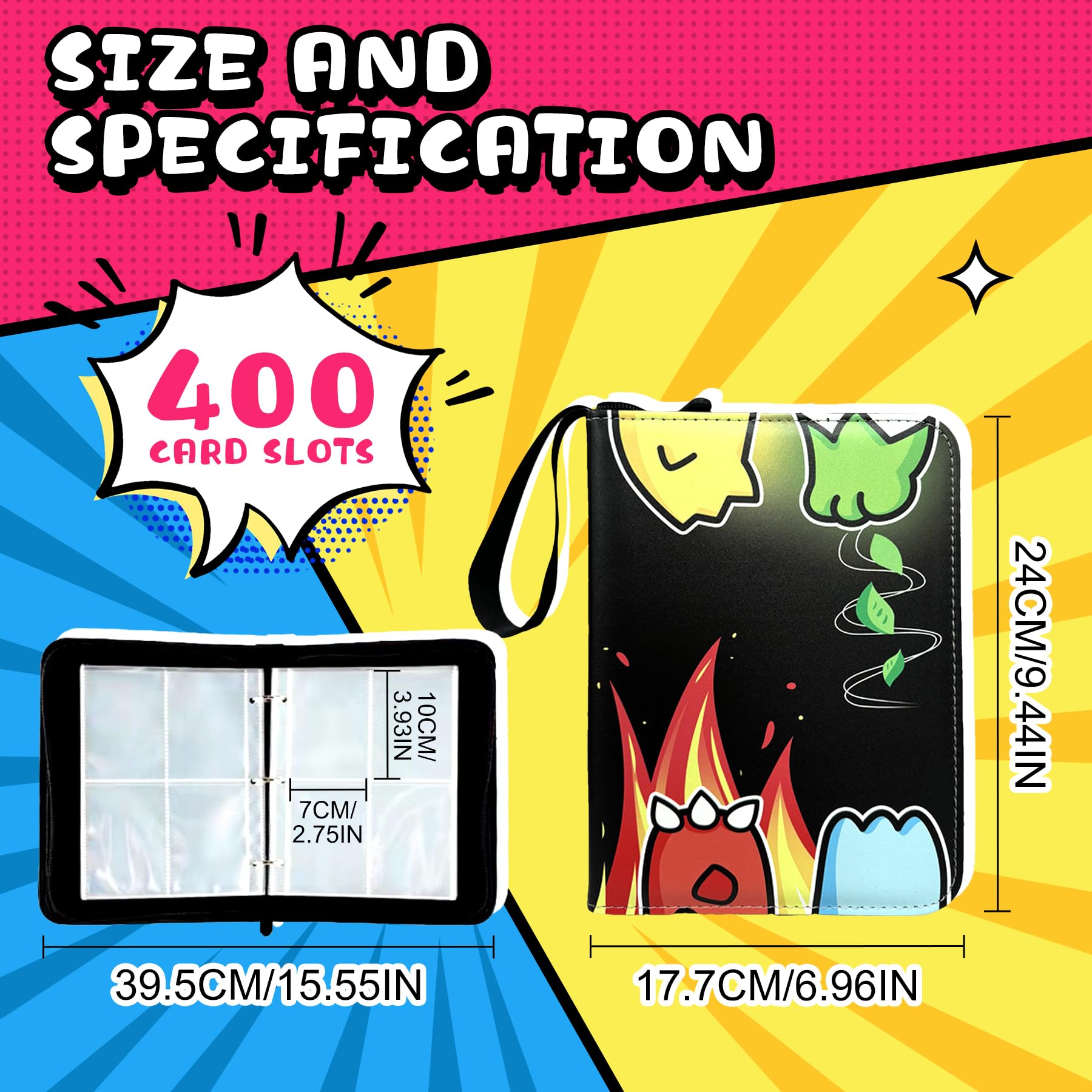 Raccoglitore Carte 400, Album Carte Collezionabili 4 Tasche 50 Pagine Capacità 400 Carte, Album Porta Carte con Cerniera, PU Raccoglitore Impermeabile, Regalo per Collezionisti e Bambini (B)